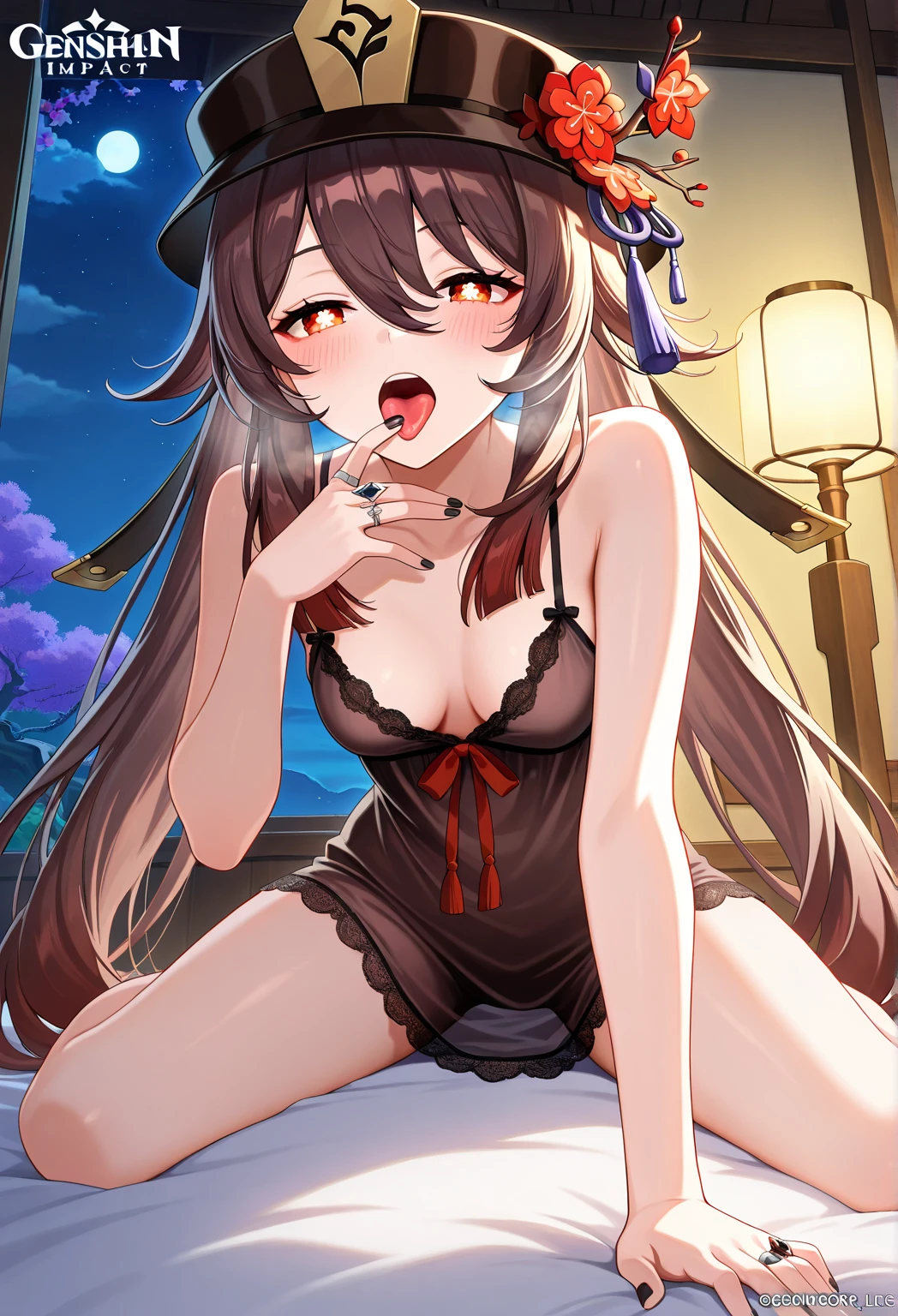 Carefully draw the face anime style face big breasts big butt plump thighs black leotard black pantyhose smile succubus crawl face down
