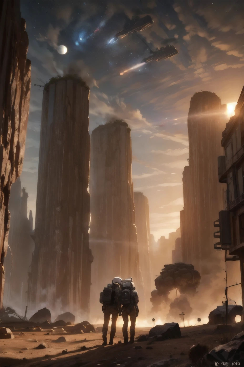 a space module landing on the surface of a planet, 8k highly detailed, photorealistic, cinematic lighting, dramatic, epic scale, realistic space shuttle, moon rover, astronaut walking on the moon, American flag, craters, rocky terrain, planets or moons visible in the background, dramatic shadows, vivid colors