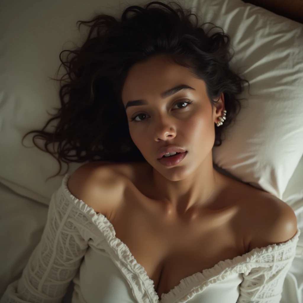 ( photo realism 1.2) photo realistic beautiful adult Latina women laying on bed body covered with white towels after shower dark room smokey effect sunlight effect at windows low light smoke effect messy room curly hair cinematic view