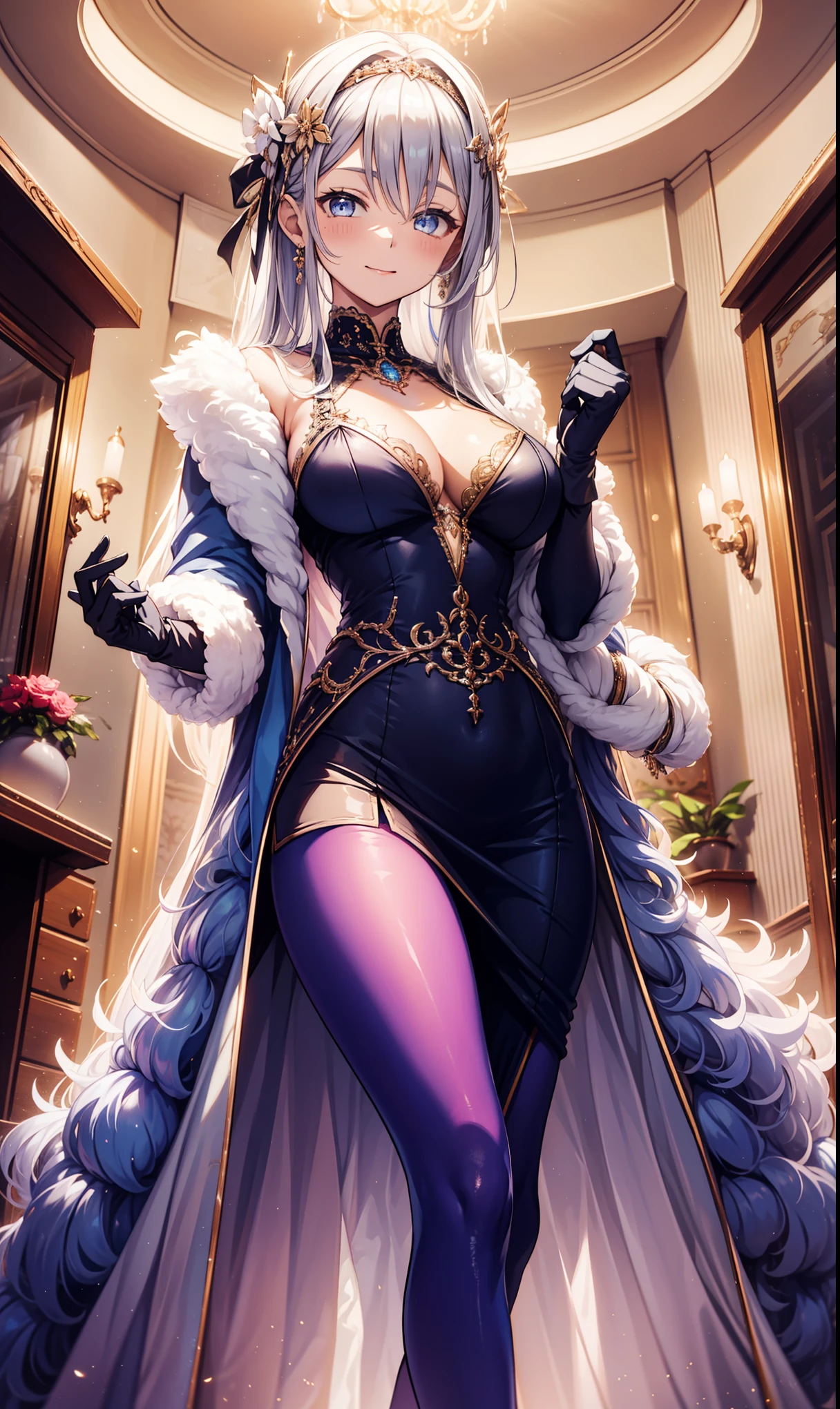 The city outside the window,(gray hair:2.0),Slender high straight ponytail,gold headband,Standing close-up,dream world,Mature lady,(Slender blue phoenix eyes,lipstick,long eyelashes),long eyelashes,Contact lenses,gemstone gold necklace,(Off-the-shoulder black fur dress,fur tube top,Plush tube top,fur strapless,wide cuffs,Long skirt,belt:2.0),fur tube top(big breast)ballroom background,(soft light and shadow:1.9),fur high heels,black stokings,Detailedly drawn backgrounds