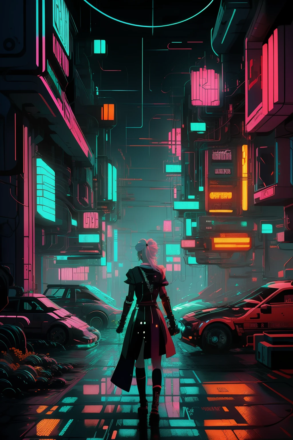 ((anime art style illustration) of (Ciri as a cyberpunk girl))), ((LED lights)), (((weird cyberpunk hairstyle))), perfect features, (((dynamic pose))), (((starship interior))), (((Syd Mead art style))), abstract beauty, near perfection, pure form, concept art, intricate detail, 8k post-production, high resolution, super detail, trending on ArtStation, studio quality photos, intricate detail, very detailed.