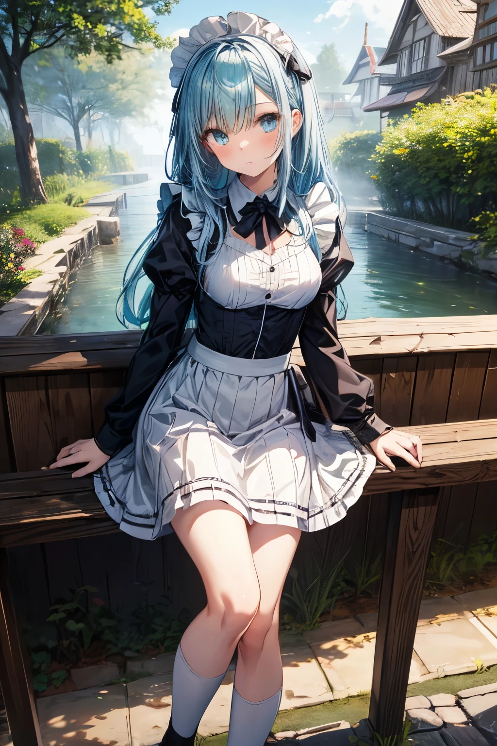 (tmasterpiece:2.0,best qualtiy),(Fine beautiful eyes:2.0),ph_rem,Remhd,1girll,Blue hair,solo,eBlue eyes,x hair accessories,legs ornaments,Bow knot,Long thick socks,lacepantyhose,ta heels,Lolihoes,Rossvale Mansion maid uniform,full bodyesbian,Two hands,two legs,Photo art,maidennurse,Skysky,rays of sunshine,the trees,wave,