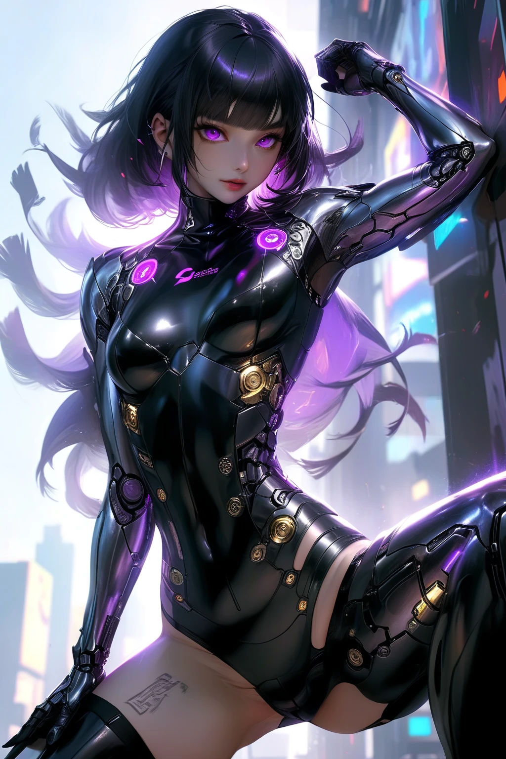 (obra prima、4k resolution、pose de heroica, Um hiper-realista、ighly detalhado、Vire as costas), (Black Superheroes theme、carisma、There's a girl in a Catwoman costume above town、de costas viradas。She's a superhero)、 [((25 anos)、(longos cabelos grisalhos:1.2)、Esbian de corpo inteiro、(olhos azuis:1.2))、((ambiente urbano arenoso):0.8)|(Uma paisagem urbana、Noite、dynamic light)、(lua cheia)]#ilustrar:The prompts are mostly ultra high definition、muito real、Descreve pinturas 4K altamente detalhadas。A superheroine in a Catwoman costume is depicted at the top of the city。The subject of the photo is black superheroes。((Fotografo com lente ultra-grande angular)),garota cyber , cat ears prosthesis, arm prosthesis, claws in hands, leg prosthesis, (Tiro olhando de baixo:1.3), (((neon lights))),
