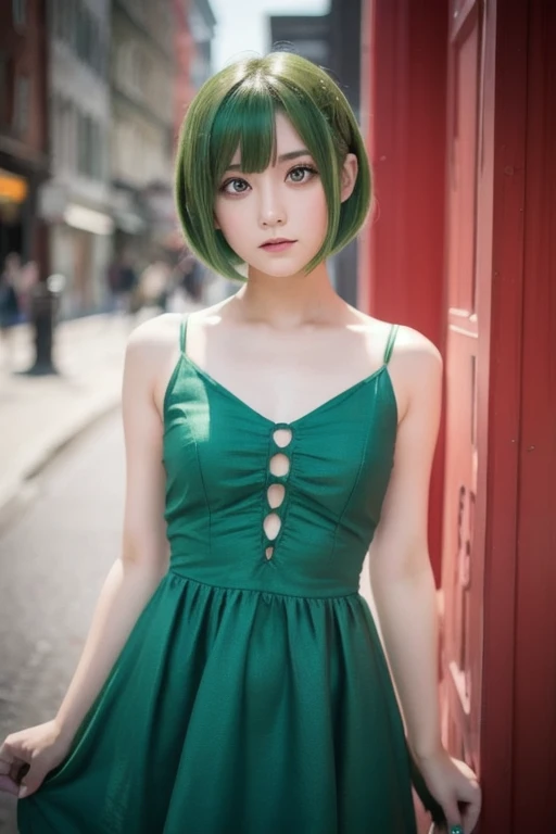 One girl, Green Hair, Red eyes, dress, short hair, (alone:1.3),