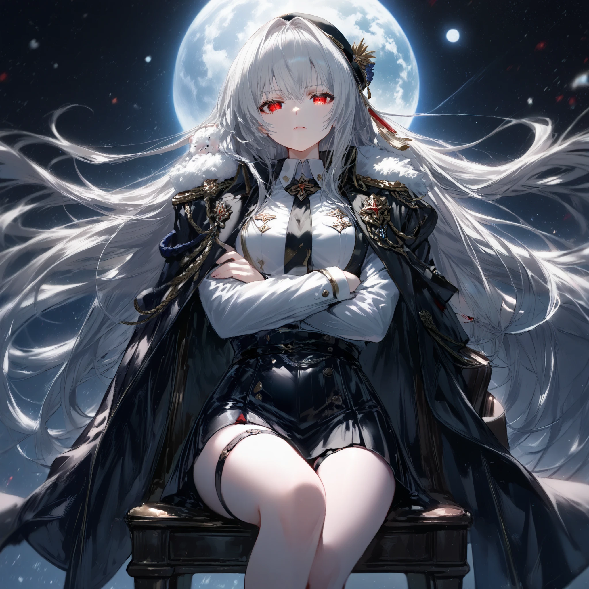 Anime girl sitting on a chair with her arms crossed, Nightcore,  White Haired God  , best animated 4K wallpaper , Expressionless,  silver-haired , bare thighs,  thigh strap , black uniform, tight-fitting skirt, uniform with a furry hat over the shoulder,  Red Eyes