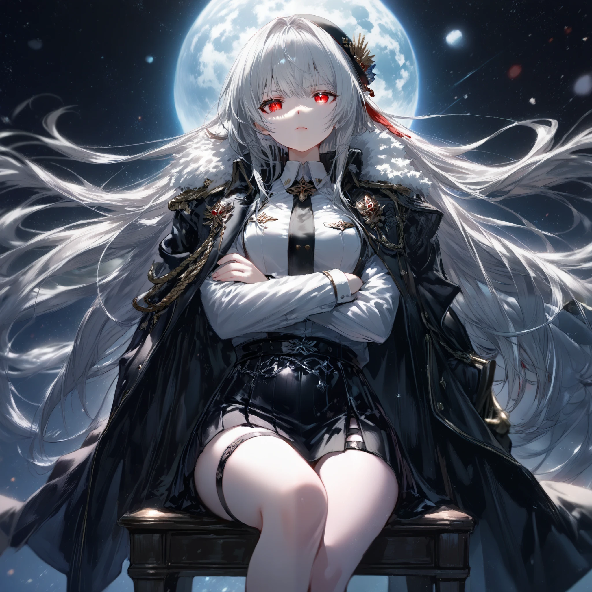 Anime girl sitting on a chair with her arms crossed, Nightcore,  White Haired God  , best animated 4K wallpaper , Expressionless,  silver-haired , bare thighs,  thigh strap , black uniform, tight-fitting skirt, uniform with a furry hat over the shoulder,  Red Eyes
