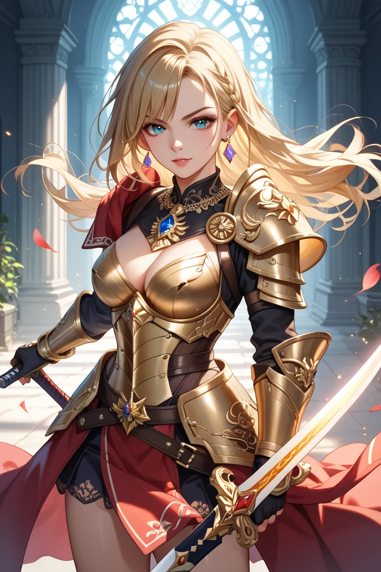 (best quality, masterpiece:1.3), 1girl, Warrior, sword, armor, upper body,  AnjelikaV2, royal, tiara, royal crest, cape,    parted lips,  film grain, blurry foreground, throne,     smirk, sultry look, seductive, 