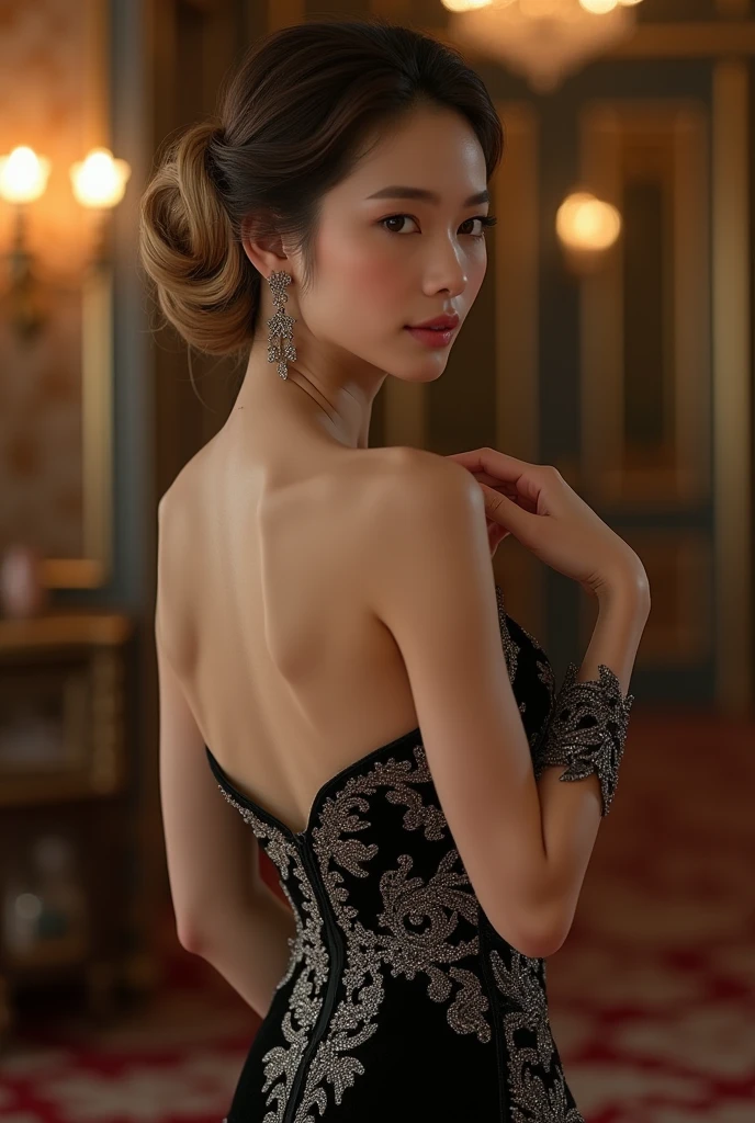(((((a 20 yo woman, Luxurious dresses, cowboy shot, from side, black very short hair, ))))), ((((masterpiece, best quality, highly detailed, RAW photo, 超A high resolution)))), Highly detailed facial and skin texture, A detailed eye, Crisp focus, an asian young and beautiful girl, de pele branca, Real human skin, oval-face, A person who sees with calm and goddess-like eyes, lipgloss, eye lashes, Gloss Face, Wide range of lighting, Natural shading, slight smile, Clear facial features, 美丽的面容, double eyelids, sagging eyes, Large rooms in luxury hotels, floral arrangements