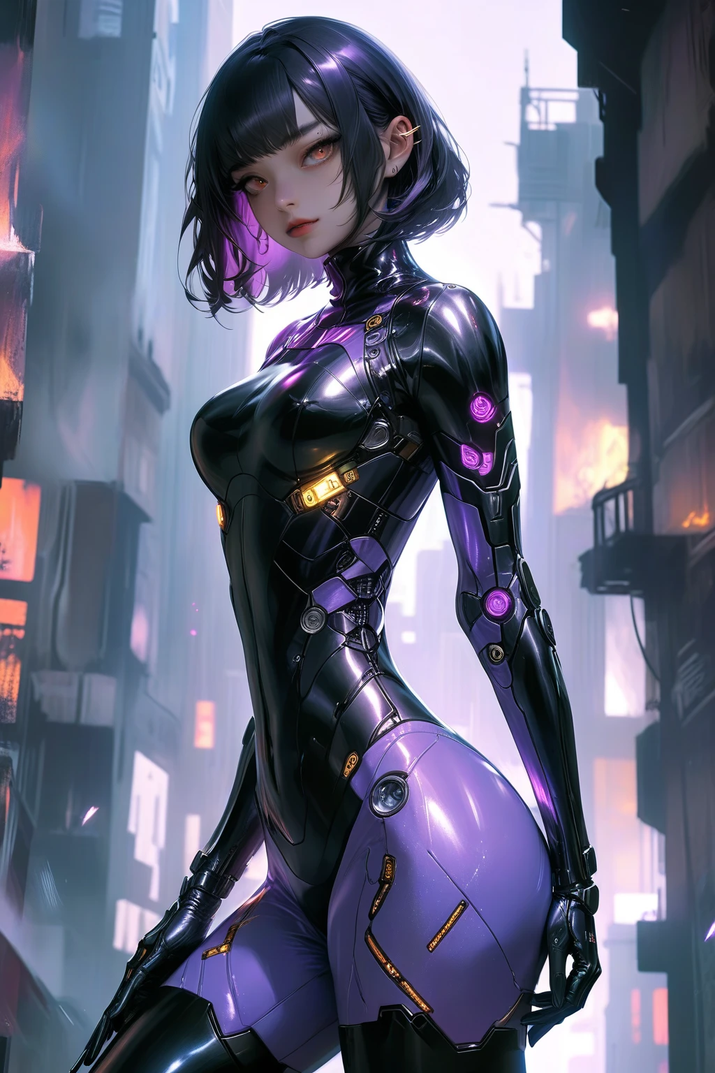 Cinematic Still of Motoko Kusanagi from Ghost in the Shell, wearing her sleek body suit and carrying her iconic cyborg weapon, a squatting position ready to leap onto the rooftop of a towering skyscraper bathed in the vibrant glow of neon city lights. (Best Quality, 4k, 8K, high resolution, Masterpiece: 1.2)
A cyborg woman, Motoko Kusanagi, with her glowing green eyes, in a graceful squat, poised for a jump toward the night sky, against the backdrop of a futuristic cityscape filled with neon lights and towering structures. (White body