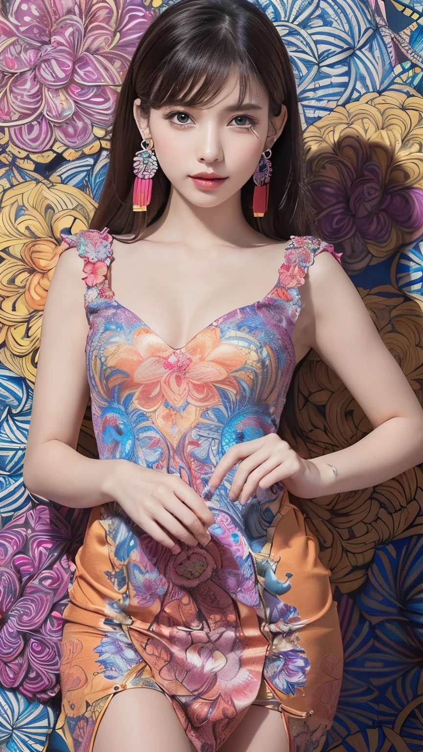(masterpiece, Highest quality, Highest quality, Official Art, beautifully、aesthetic:1.2), (One person:1.3), Very detailed,(Fractal Art:1.1),(colorful:1.1)(Flowers:1.3),Most detailed,(Tangled:1.2), (Dynamic pose), (Abstract background:1.3), (China dress:1.2), (Glowing Skin), (Many colors:1.4), ,(Earrings:1.4),