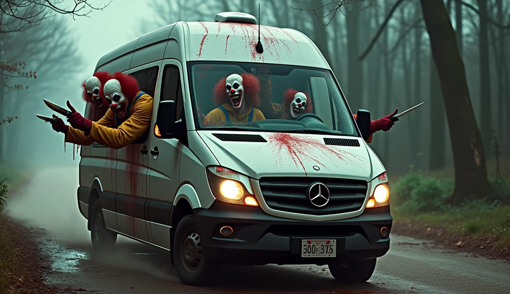 A van is filled with insane, terrifying clowns, all psychopathic and covered in blood. Some of them are sticking their heads out of the van. The van is new but splattered with blood, angled slightly to the right as it drives, with one clown at the wheel, looking deranged. The other clowns are playing with knives, creating a horrifying scene that instills panic in anyone who sees it