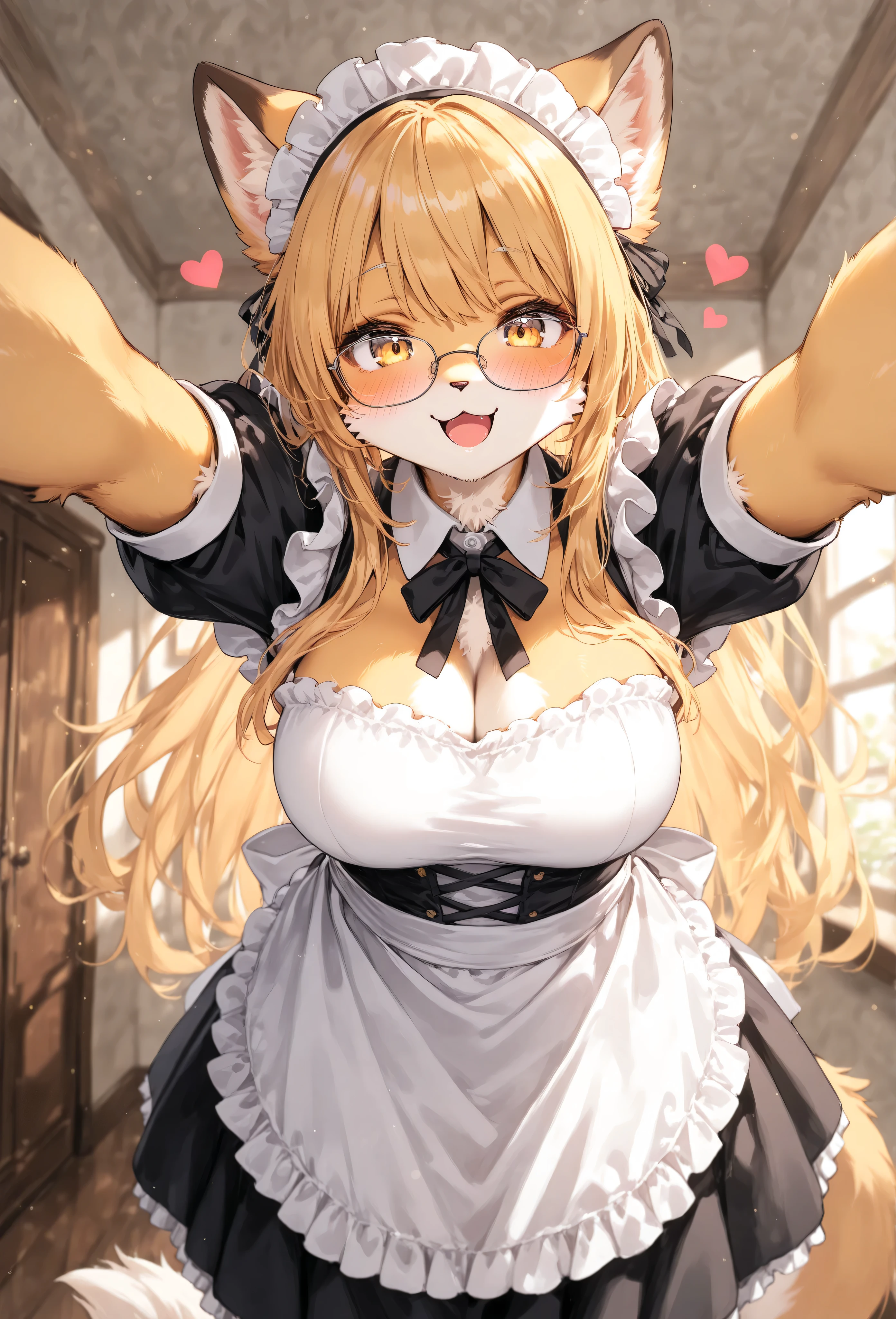 1girl, animal ears, blonde hair, long hair, open mouth, yellow eyes, blush, breasts, :3, maid headdress, glasses, maid, dress, apron, short sleeves, looking at viewer, outstretched arms, solo, tail, furry female, furry, smile, heart, body fur, indoors, animal nose