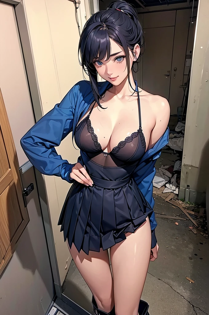(extremely detailed CG Unity 8k wallpaper, masterpiece, best quality, high detail, ultra-realistic), (better lighting, best shadow, very gentle and beautiful, thin waist, big sides), low angle, angle perpendicular to the girl's ass ( 1 girl 18 years old with thin cute legs, blue eyes, freckles and black-red short hair, makes a pleading face, lifted her skirt and spread her legs, half-naked body spreads and masturbates wet and juicy opened, under a tight bikini on the desk