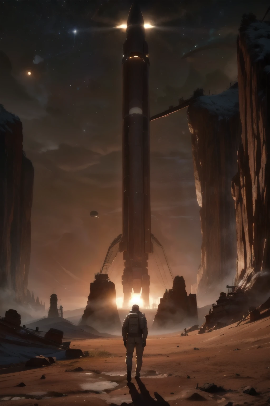 a space module landing on the surface of a planet, 8k highly detailed, photorealistic, cinematic lighting, dramatic, epic scale, realistic space shuttle, moon rover, astronaut walking on the moon, American flag, craters, rocky terrain, planets or moons visible in the background, dramatic shadows, vivid colors