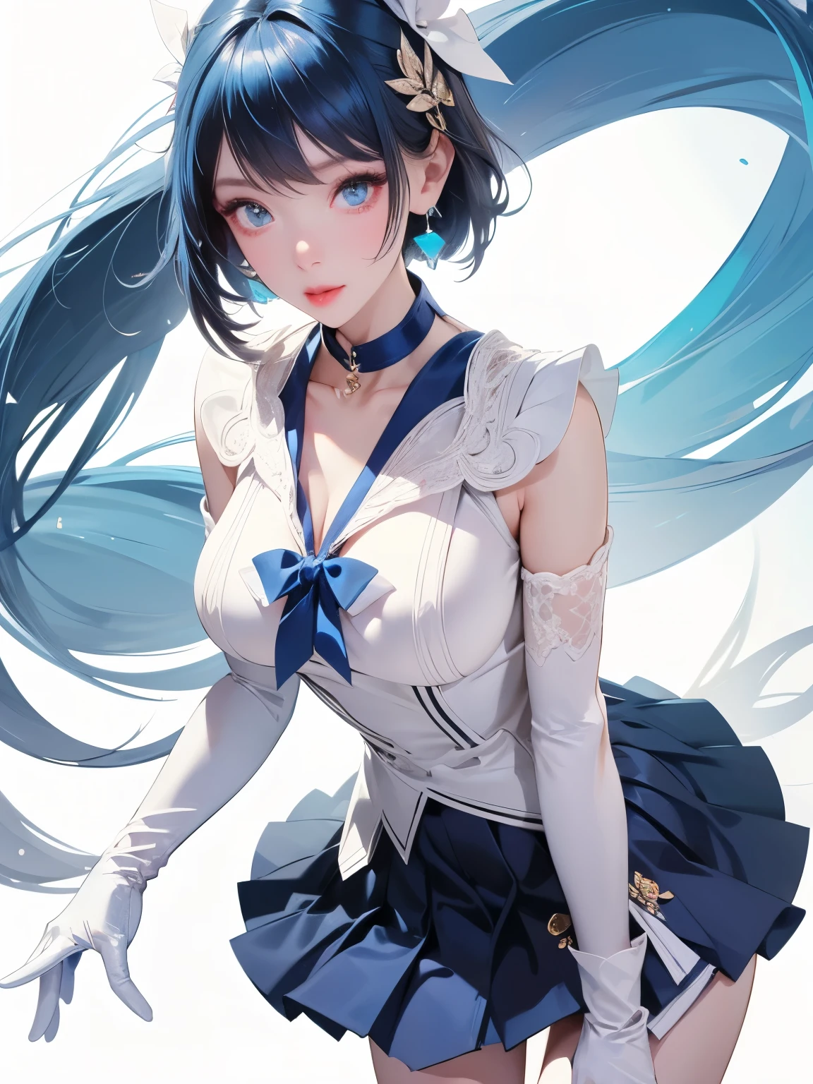  masterpiece、
 high quality 、 
 high resolution 、
 actual 、
Professional lighting、
Japanese、
Miss、
 cute、
Young、
 White Skin、
slim、,
( blue hair:1.3),
  short hair, 
(Beautiful hands,  Sexy , ,  plump boobs,  skinny ,  tight waist , Human Anatomy:1.1)
 blue eyes, 
 white foot gear , 
 blue sailor collar , 
bow, 
 knee boots , 
choker, 
( White Gloves :1.3), 
 blue necklace , 
(elbow gloves:1.3),
 Jewelry, 
earrings, 
 blue skirt ,
 Double arm、
One-leg stand、
whole body、 
 white background