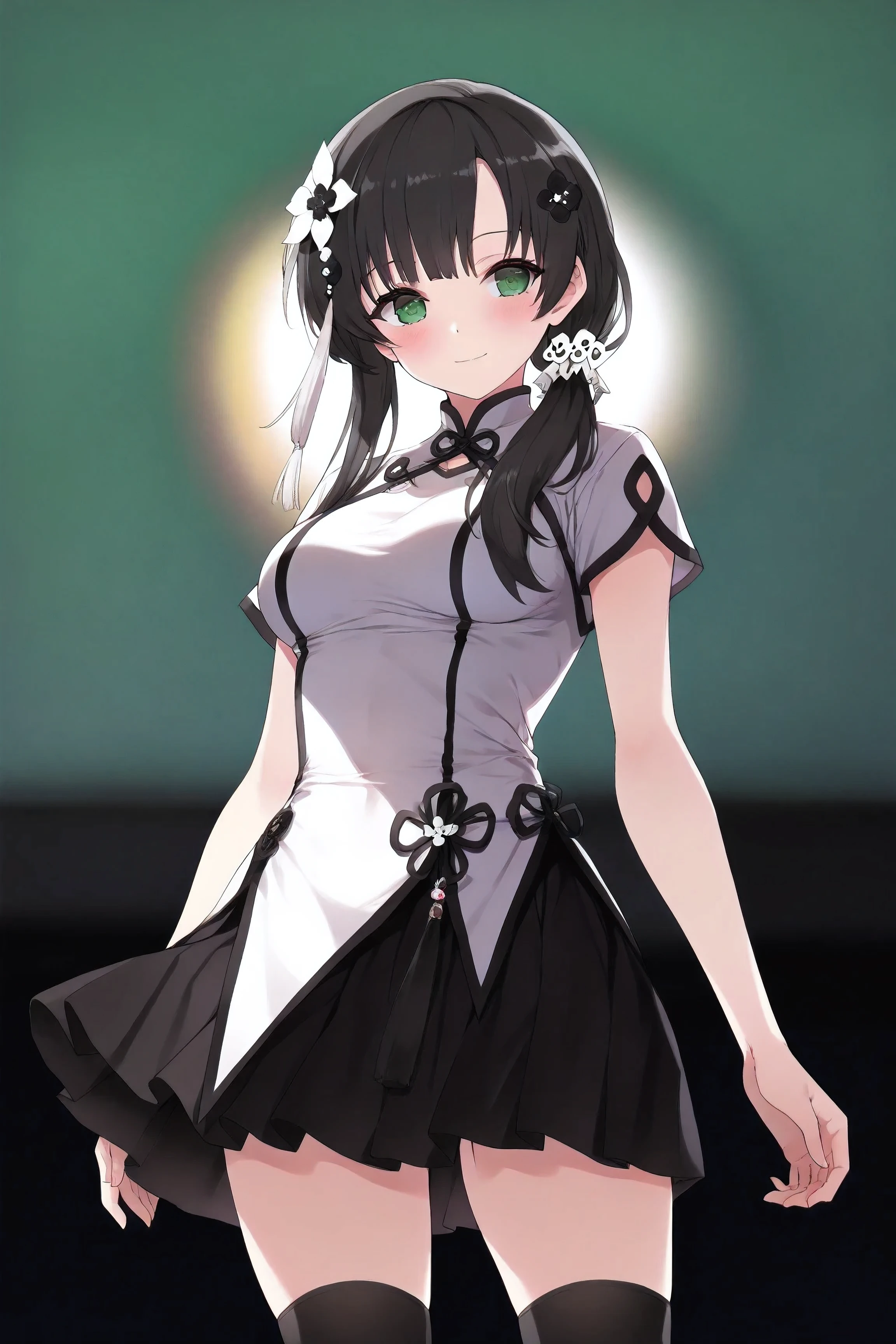 (ultra-detailed, master piece, best quality, high resolution, perfect face, perfect and correct human anatomy), 1girl, wang yujia, black hair, hair flower, green eyes, black skirt, light smile, black knee high, standing