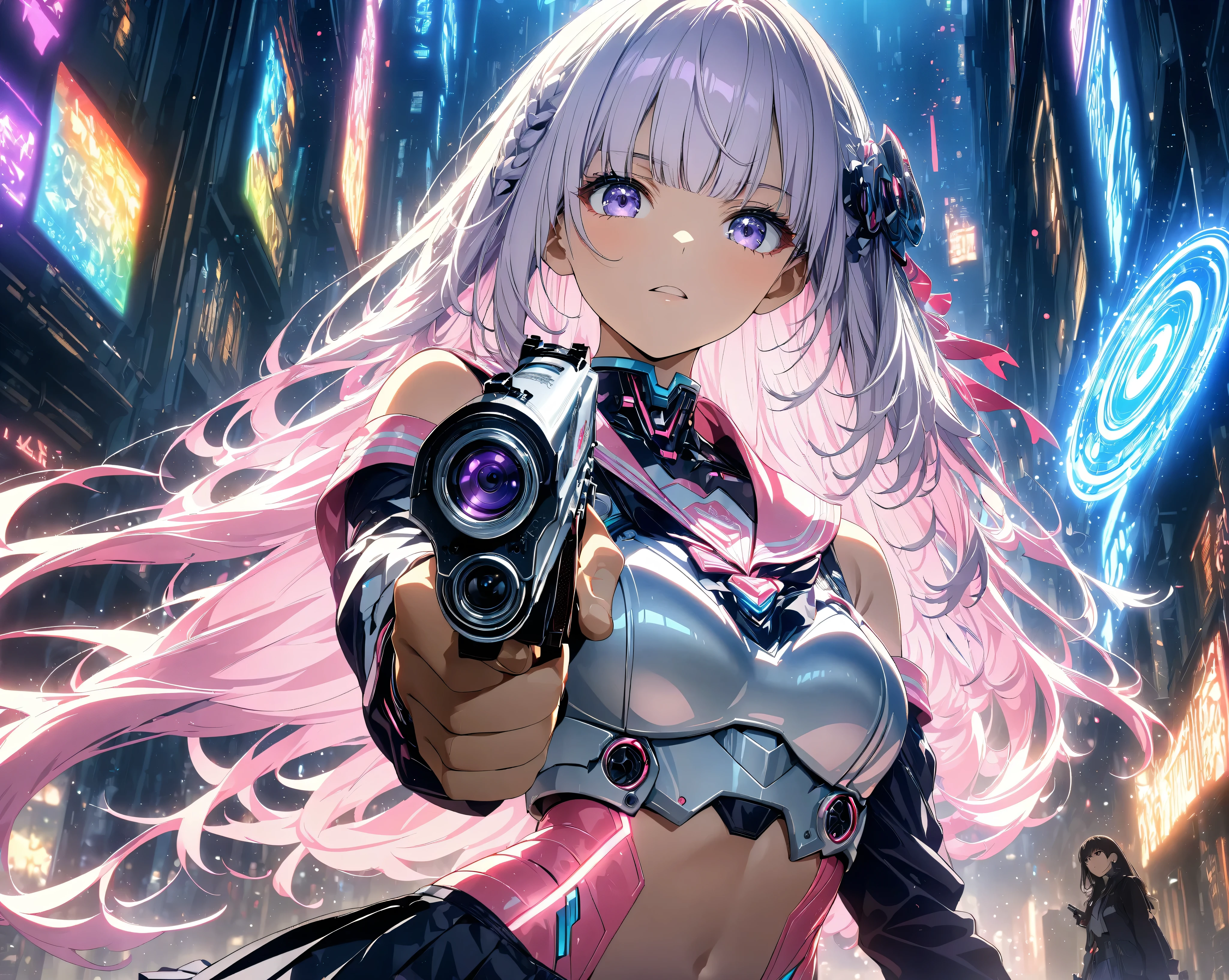 (highest quality:1.2, Very detailed, anime, High Contrast,highest quality, Best aesthetics), two Girls, (Girl on the right, short hair, White top, Black Breastplate), (The Girl on the Left, Cyber mechanical sailor Suit, Separated sleeves, Bare shoulders, Black top, Silver breastplate, Energy disk on chest, Black Mini pleated skirt , )(the girl on the center.Pink Hair Color、pink cyber sailor suit.)( True Love、shout)( hair that flutters in the wind)sailor cyber suit with purple accents on black, ((White and purple gradient hair:1.4, Braided long hair, black and white hair accessories:1.2, Dark purple bangs:1.1, Asymmetrical bangs)), break.
(holding weapon, handgun, holding cyber gun, aiming at viewer, revolver, finger on trigger、high detailed gun and hands:1.5)
(Blast and lightning all around 、epic:1.6)Double eyelids, Detailed face, Dark Color Palette, Dark Alley, night, future city, Lens flare, Perfect Anatomy.