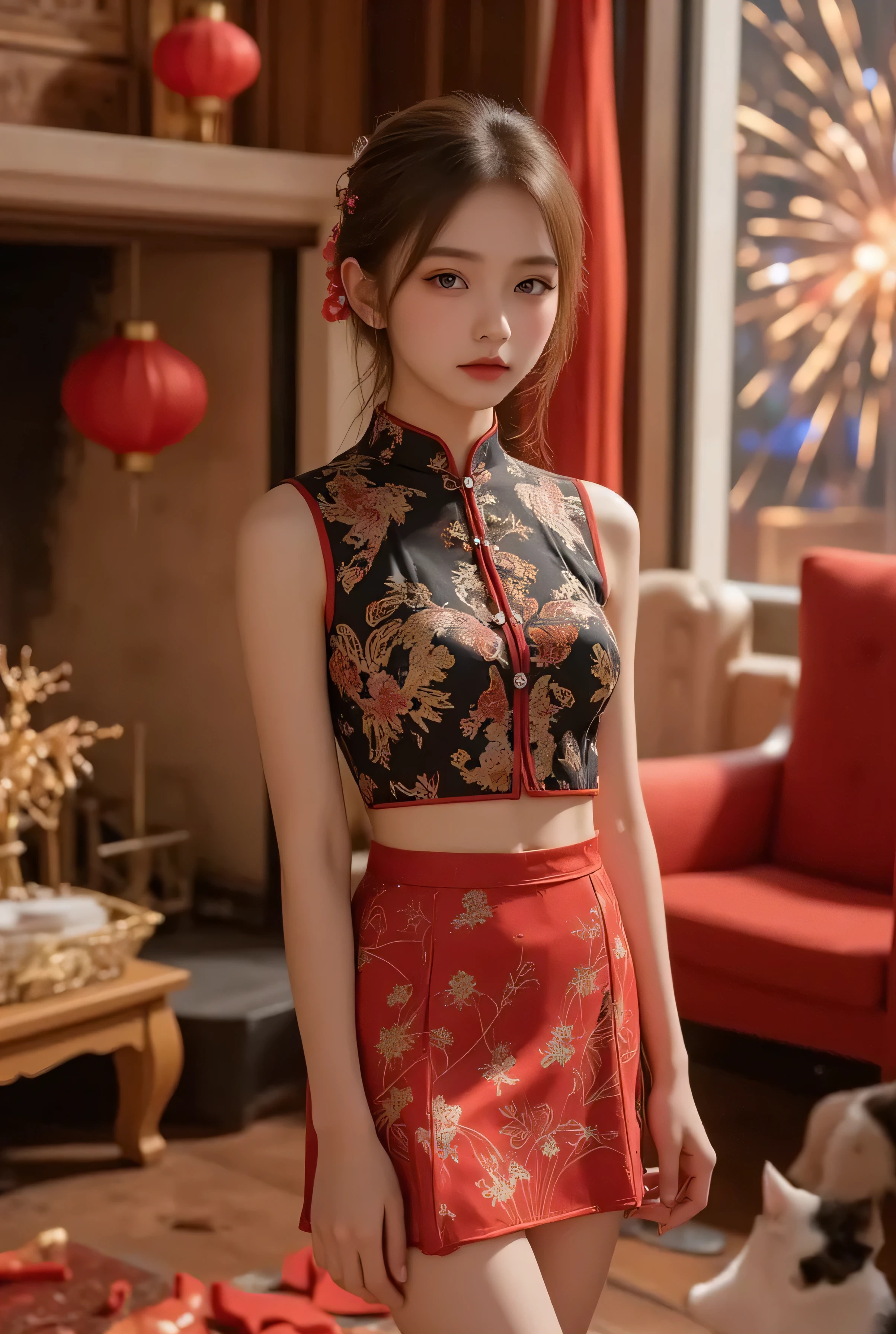 A close-up, head-and-shoulders portrait of a beautiful Korean idol with fine facial features and a ponytail, wearing a red-black-gold short cheongsam with some black-transparent sections, adorned with intricate gold or silver phoenix and floral embroidery. She stands gracefully in a warmly lit room featuring a vintage fireplace and traditional Chinese New Year decorations, including vibrant red lanterns, decorative calligraphy scrolls, a small Chinese orange tree with golden ornaments, and several red envelopes scattered across the floor and hanging from the tree. Adorable, playful cats are part of the scene—some sitting near the tree, others curiously pawing at the red envelopes or lounging around. Through a window or an open door in the background, vibrant Chinese fireworks light up the night sky in an array of reds, golds, and blues, casting a magical glow into the room. The idol’s outfit is complemented by subtle accessories like red hairpins or earrings and a few pretty Chinese hair accessories, along with pink lipstick, enhancing her festive look. The atmosphere is warm and lively, filled with the joyful essence of the celebration, highlighted by dramatic, chiaroscuro lighting, deep contrast, pleasant colors, and intricate, elaborate patterns, creating a super-detailed, realistic 8K cinematic composition.