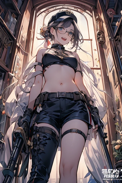 absurdres, RAW photo, extremely delicate and beautiful, masterpiece, Best Quality, ultra high resolution, 32k, hyperrealistic, ultra-detailed, perfect figure, tearful mole, earring, whole body shot, short medium hair, wavy hair, big breast, casual, blouse, white shirt, buttoned shirt, bare shoulders, collarbone, midriff, navel, shorts, straw hat,