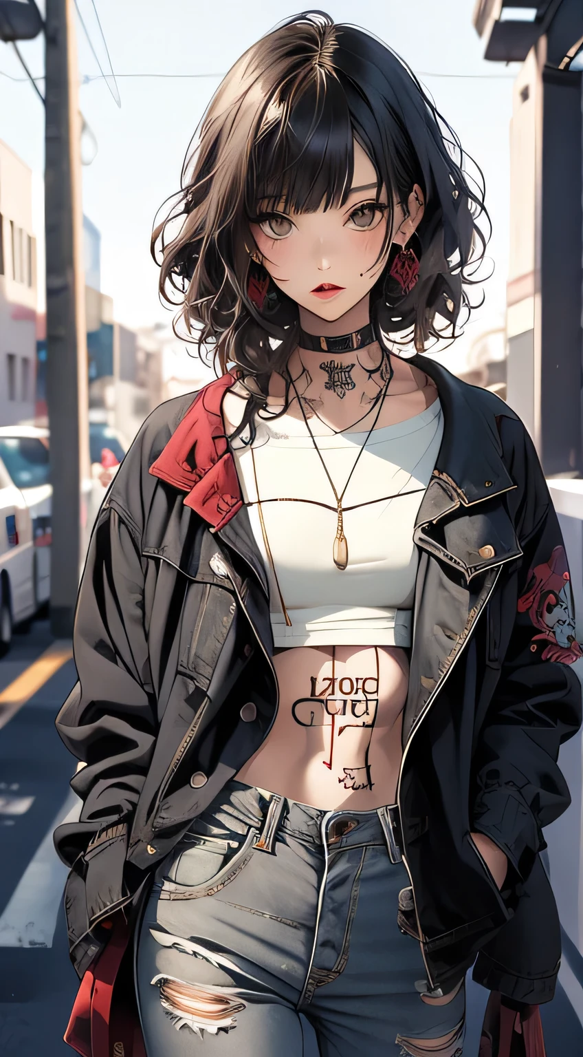 masterpiece, highest quality, pixiv, cooles Girl, the strongest pirate girl, topless, Lips in love, dark brown hair, Curly hairs, blunt bangs, straight bangs, gray eyes, White skin, Girl, improve, graffiti-Stil, Cool, villain, Böses Girl, tattoo, wears a red binnie