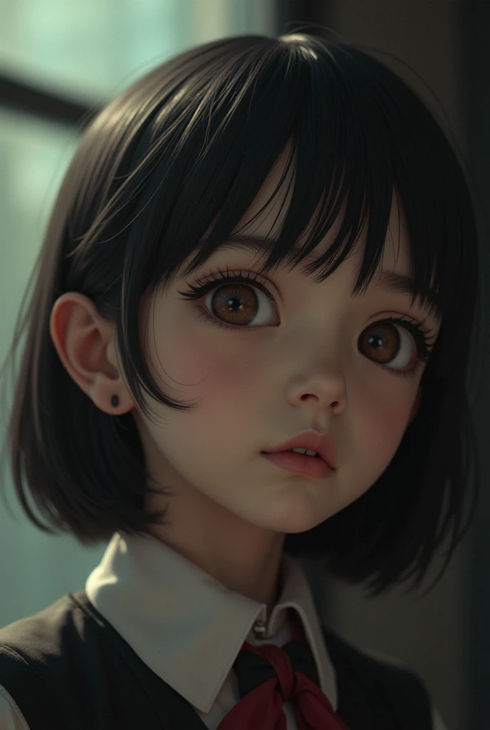 Superior Quality, Masterpiece, Ultra High Resolution, (Photorealistic: 1.4), Raw Photo, Deep Shadows, face, face only, loli, child, a girl, black hair, bangs, yellow eyes, cute face, bun, fun expression, close-up, background of a room casual clothing