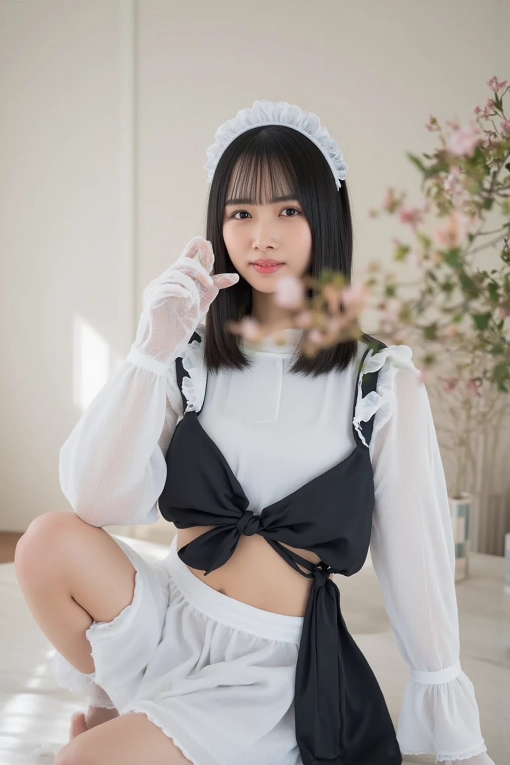 Pure Japanese young maid girl, wearing traditional French maid dress and accessories, (panty), stockings, high heels, vivid makeup, arranged hair styles, sitting, sexual attractive, secret temptation, lift up skirt, sweet smile, professional portrait photography, summer morning light,