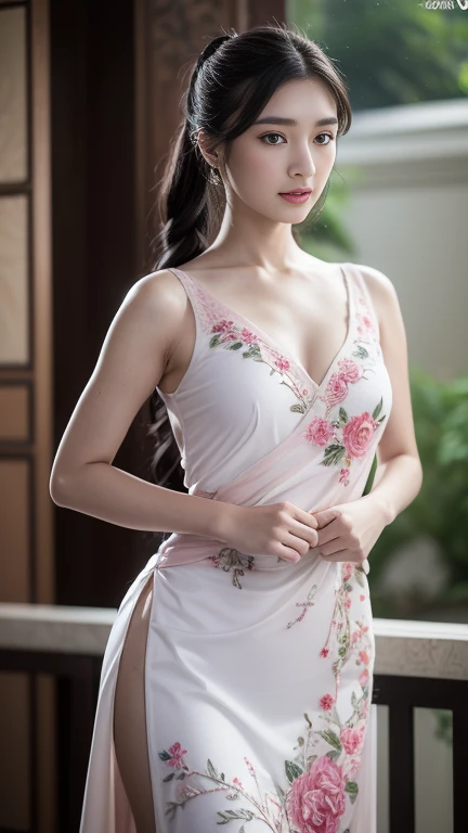 (Best quality,4K,8K,A high resolution,Masterpiece:1.2),Ultra-detailed,(Realistic,Photorealistic,photo-realistic:1.37),Delicate depiction of floral motifs on traditional Chinese gauze dresses, Dynamically capture Tai Chi elements, Flowing fabric, vivid vivid colors, Pastel tones, Soft and dreamy lighting, Focus on exquisite craftsmanship, Dynamic movements, Detailed rendering of intricate floral embroidery, Elegant and elegant gesture, Porcelain-like skin, small breasts, long pink twintails, soft blue eyes, Subtle and flawless makeup, Surreal wallpapers