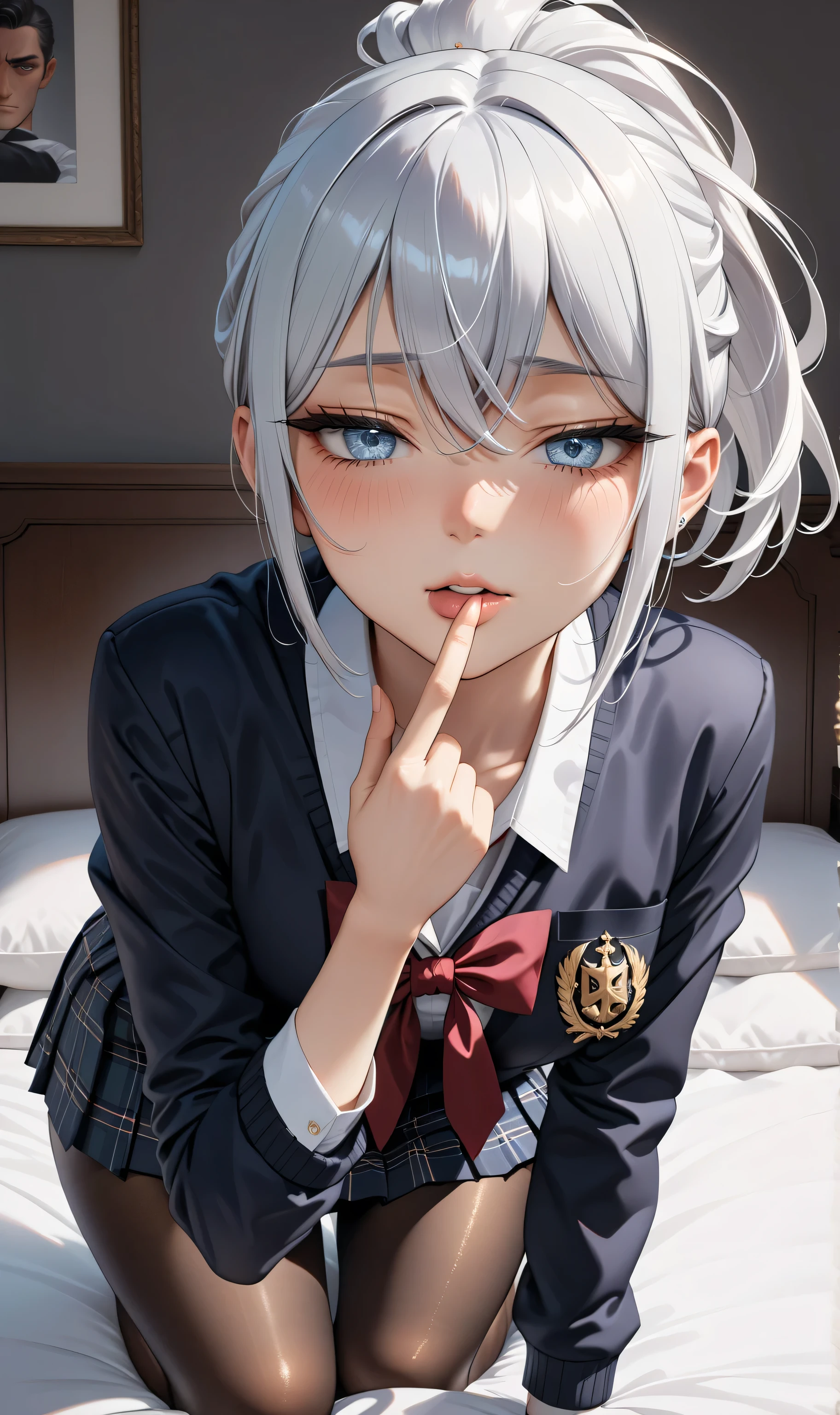 Random pose, ((Ultra detailing)), (very aesthetic, best quality, ultra detailed), intricate details,
1girl, silver hair, silver eyes,((Detailed eyes)), ((Beautifull eyes)), ((prefect eyes)), sharp jawline, short ponytail hair, shy, Licking her lips, Blush (Wearing school uniform, pantyhose)