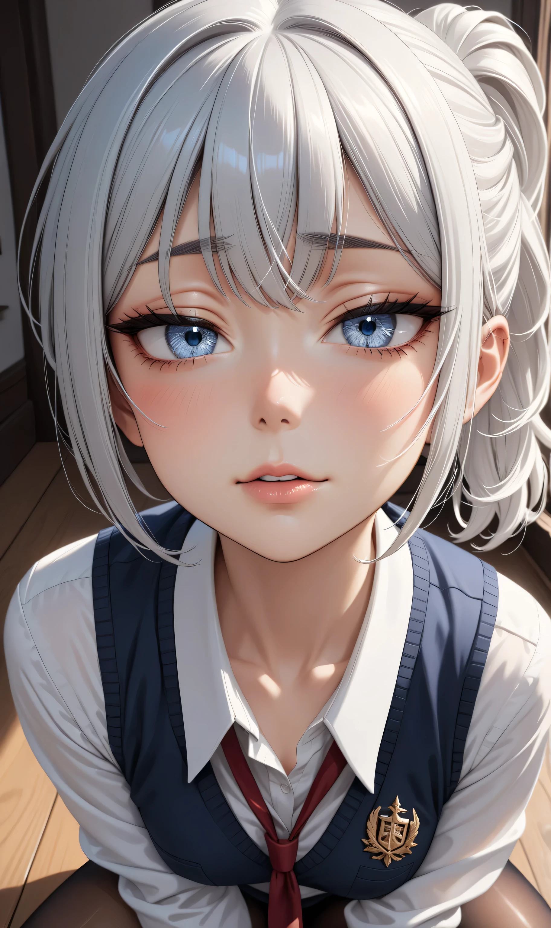 Random pose, ((Ultra detailing)), (very aesthetic, best quality, ultra detailed), intricate details,
1girl, silver hair, silver eyes,((Detailed eyes)), ((Beautifull eyes)), ((prefect eyes)), sharp jawline, short ponytail hair, shy, Licking her lips, Blush (Wearing school uniform, pantyhose)