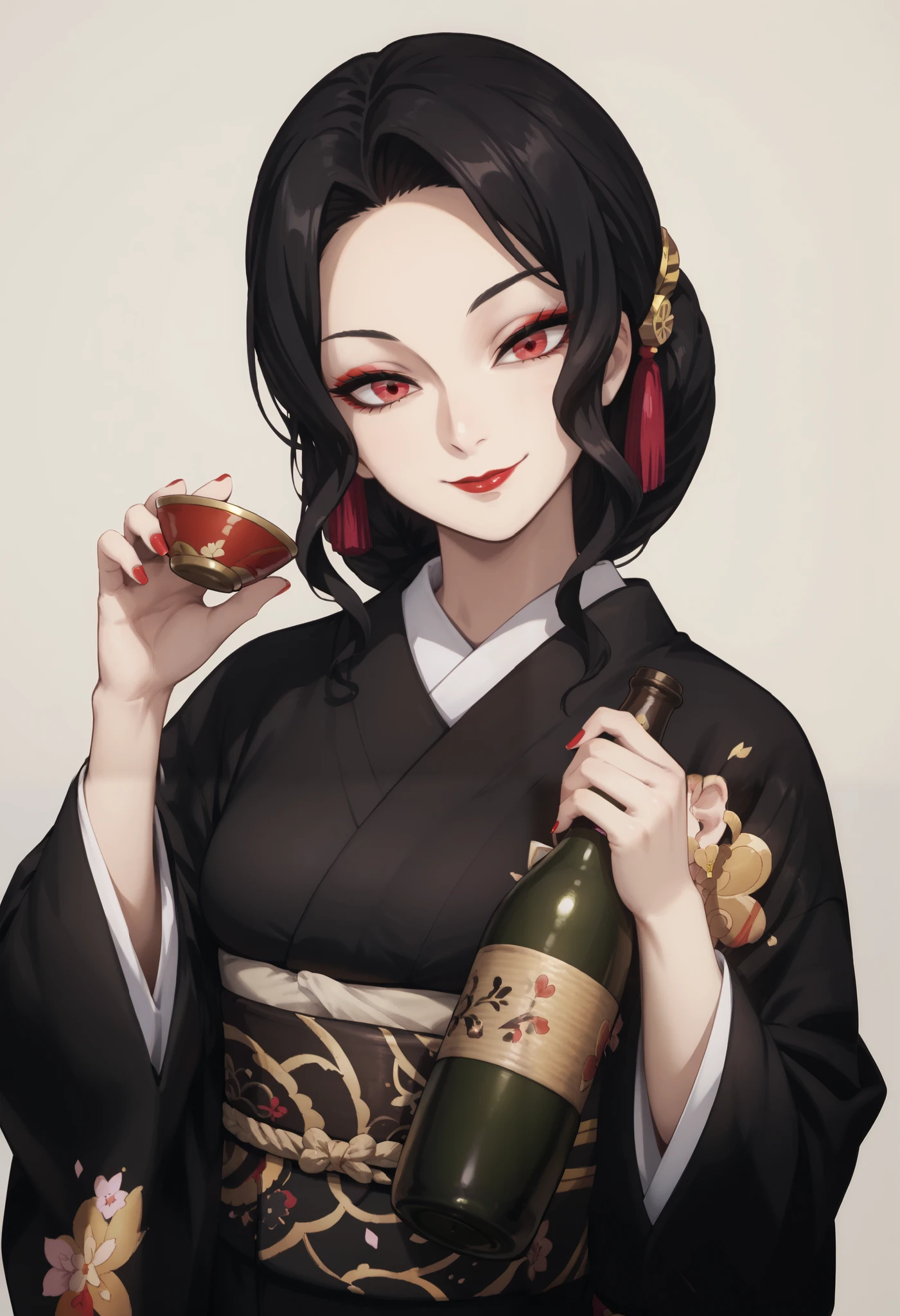 score_9, score_8_up, score_7_up, Muzan, (1girl, solo, mature female), upper body, (black hair, hair ornament), (red eyes, makeup, lipstick), smile, (black kimono, gold pattern, sash, long sleeves, obi), head tilt, holding Japanese SAKE bottle, (nail polish, red nails), (simple background, grey background)