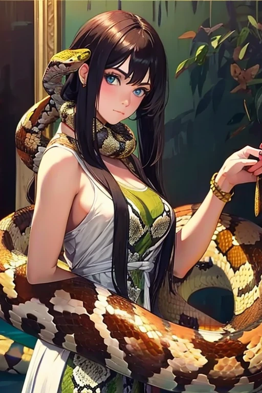(Top image quality),2023 Animation,Top animation quality,High-definition animation details,Detailed wallpaper,(masterpiece),(medium view), solo,(A woman near a black python:1.2),Pretty face,Fine black long hair,neat bangs,realistic face,close eyes,light smil,(Wearing only a loose bathrobe:1.2),big breast,Black snake tail,snake tail very smooth,looking at viewer,Flowers background,(Lying in the embrace of the snake's tail:1.3),(lots of fog:1.5),(sexy feeling:1.3)