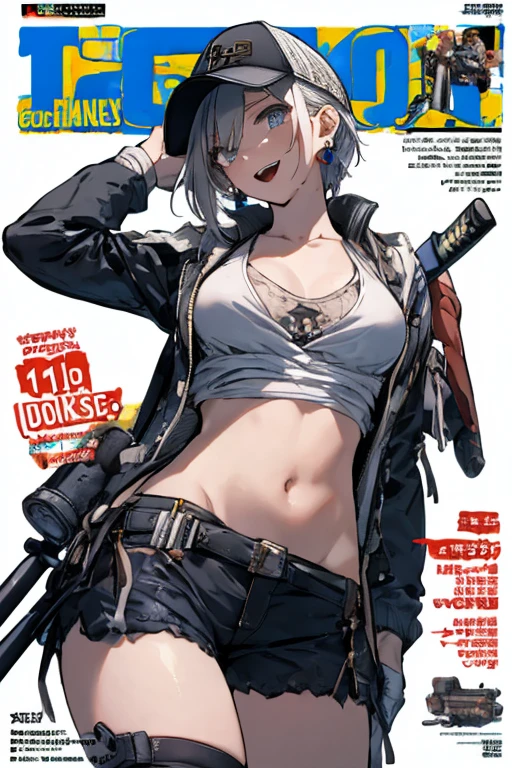 (masterpiece:1.2, best quality), (highly detailed:1.3), (magazine cover), 1girl, 15yo, petite, (white panties), (open shirt), sheer shirt, (holding a gun), serious, black yellow background,