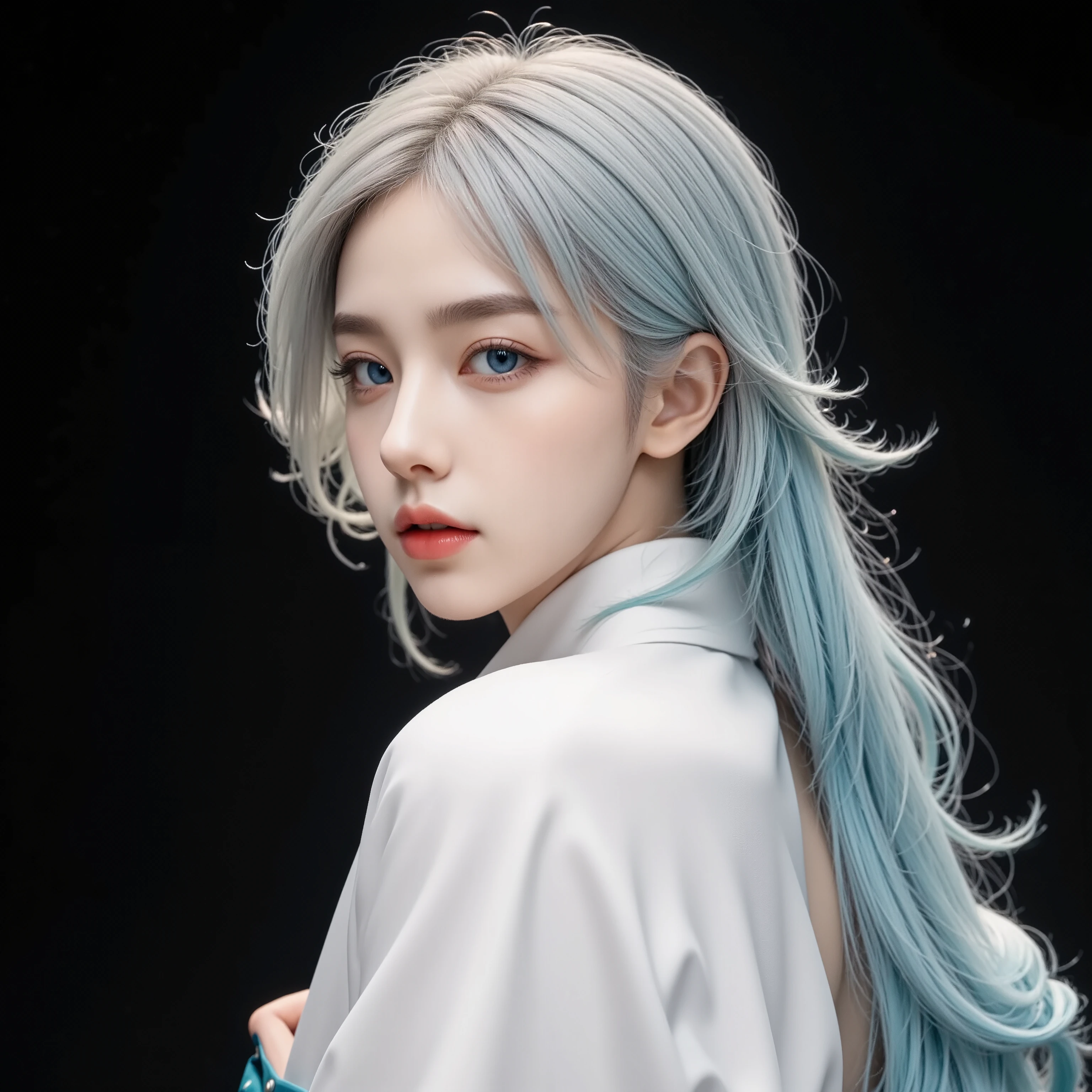 No nudity, Turning face, Unrevealing white kimono, background black, Photorealistic, High-definition CG, best image quality, 8k, HQ, Ultra Fine , Extremely detailed skin and expression , Detailed texture, super long hair with a gradation of white and light blue, sparkling yet natural hair , HEALTHY AND BEAUTIFUL SKIN , K-pop idol's beautiful and cute face , Big and perfect eyes, pale blue eyebrows the same as hair color, perfect face , clean and perfect facial contours, Natural and perfect makeup , Perfect Lips in Every Detail ,