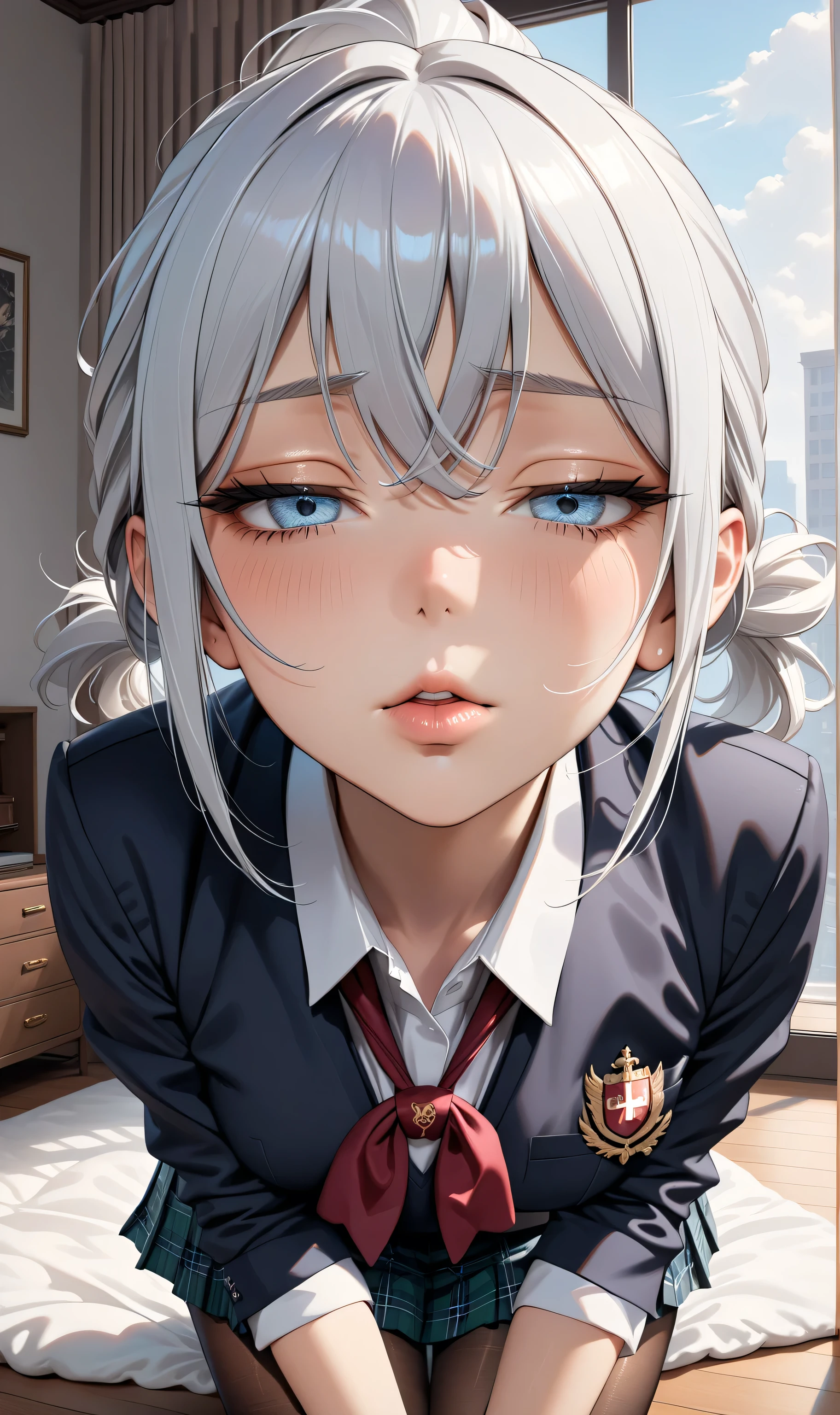 Random pose, ((Ultra detailing)), (very aesthetic, best quality, ultra detailed), intricate details,
1girl, silver hair, silver eyes,((Detailed eyes)), ((Beautifull eyes)), ((prefect eyes)), sharp jawline, short ponytail hair, shy, Licking her lips, Blush (Wearing school uniform, pantyhose), incoming kiss