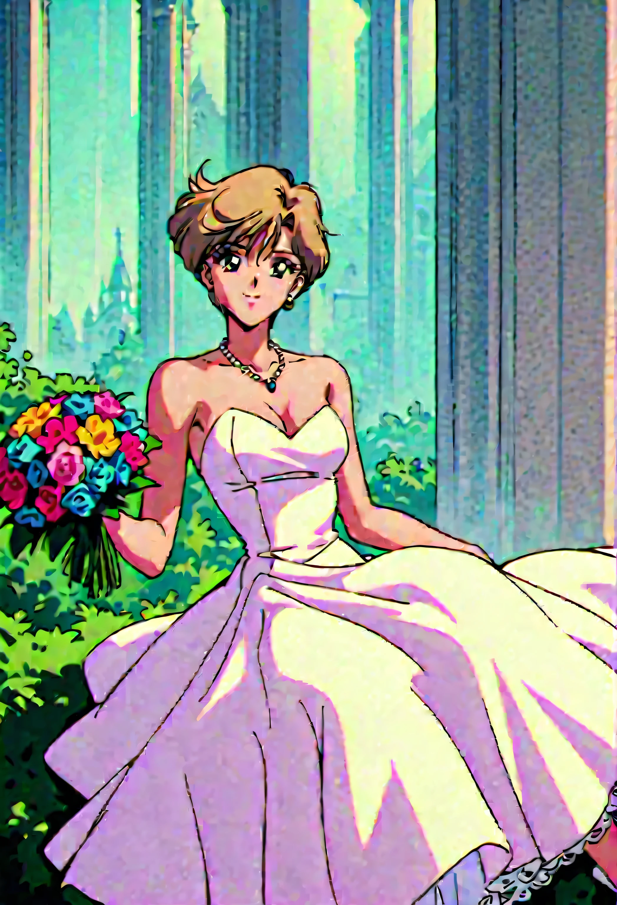 Masterpiece, best quality , very aesthetic, ridiculous ,1990s \( style\), 1 girl sitting underwater,Alone, sailor uranus XL,blue eyes, short hair while on a business trip,very short hair while on a business trip,Blonde, wedding dress , made of lace , cathedral, outdoor , necklace, earrings, Holding a Bouquet , colorful flowers,smile,