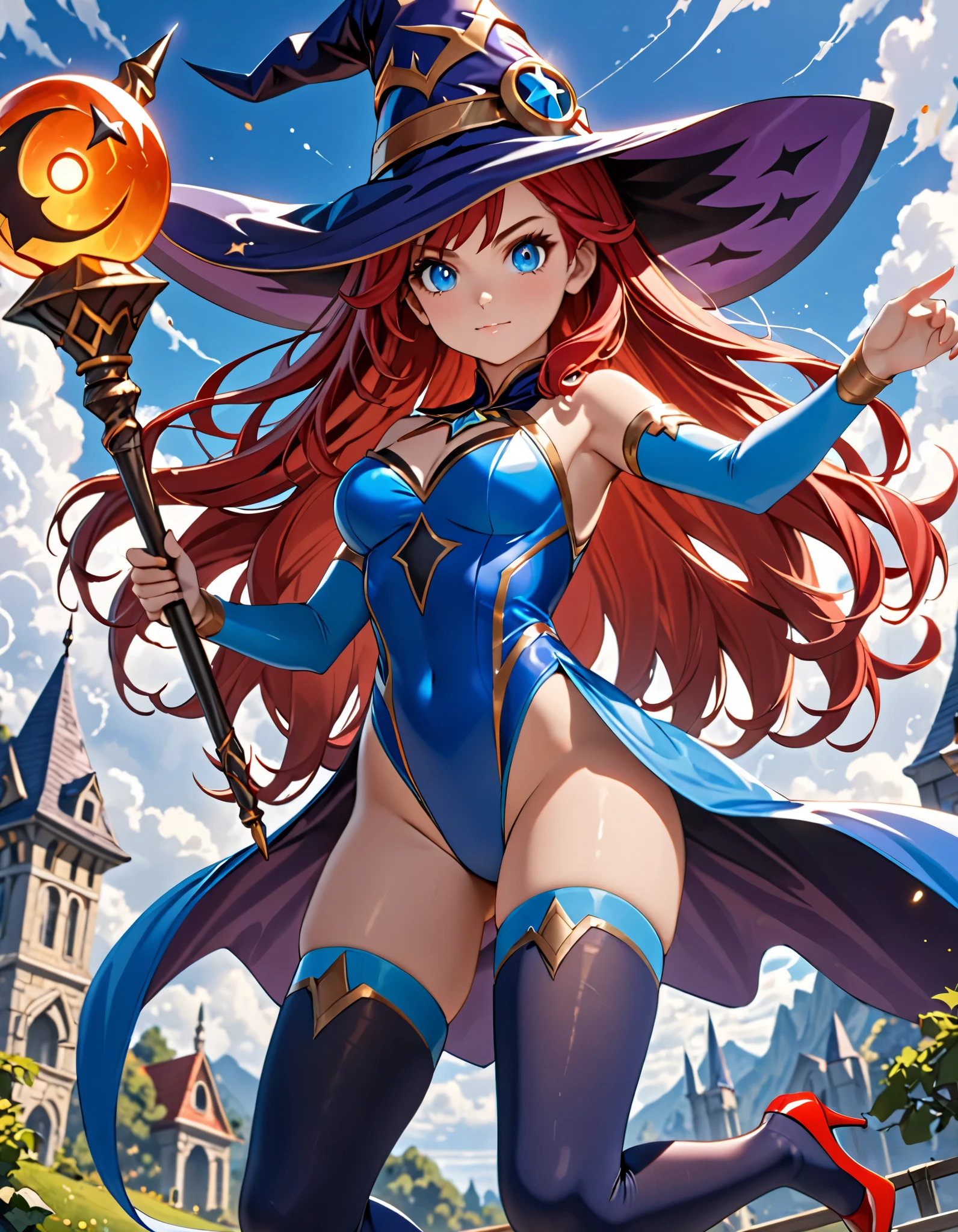 (masterpiece, best quality, high resolution), (illustration:1.0), 1girl, solo, ninems, hat, witch hat, large breasts, gloves, bare shoulders, cape, thighhighs, <lora:Nine-000005:1>