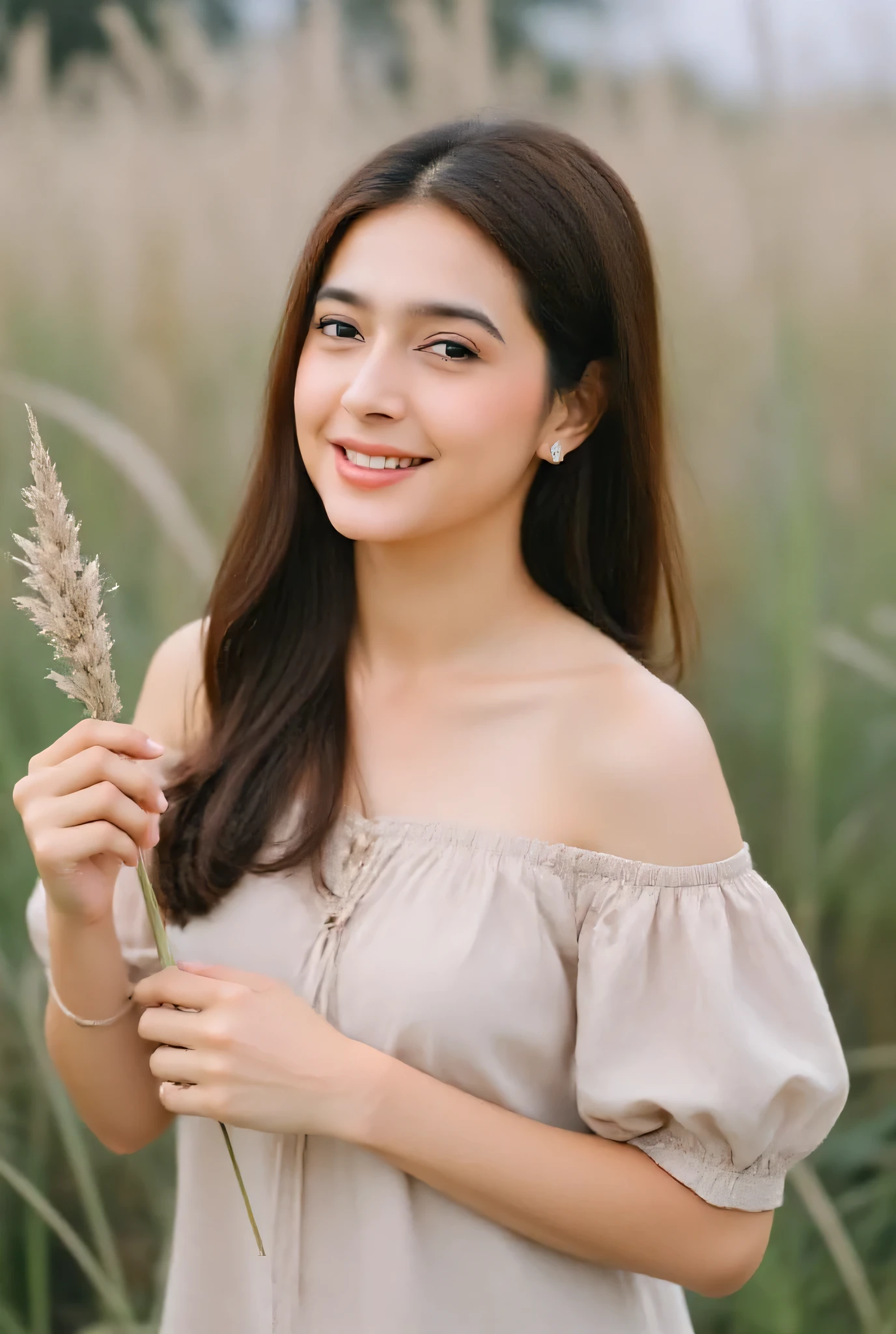 Indonesian woman, big breast, saggy breast 2.0 simple beauty, sweet face with long, slightly brown hair, cute smile, side view, she stands in the middle of tall weeds, and hand holding flower weeds, impresses the eye when she sees her, she wears clothes that match the look that blends with the natural surroundings, masterpiece