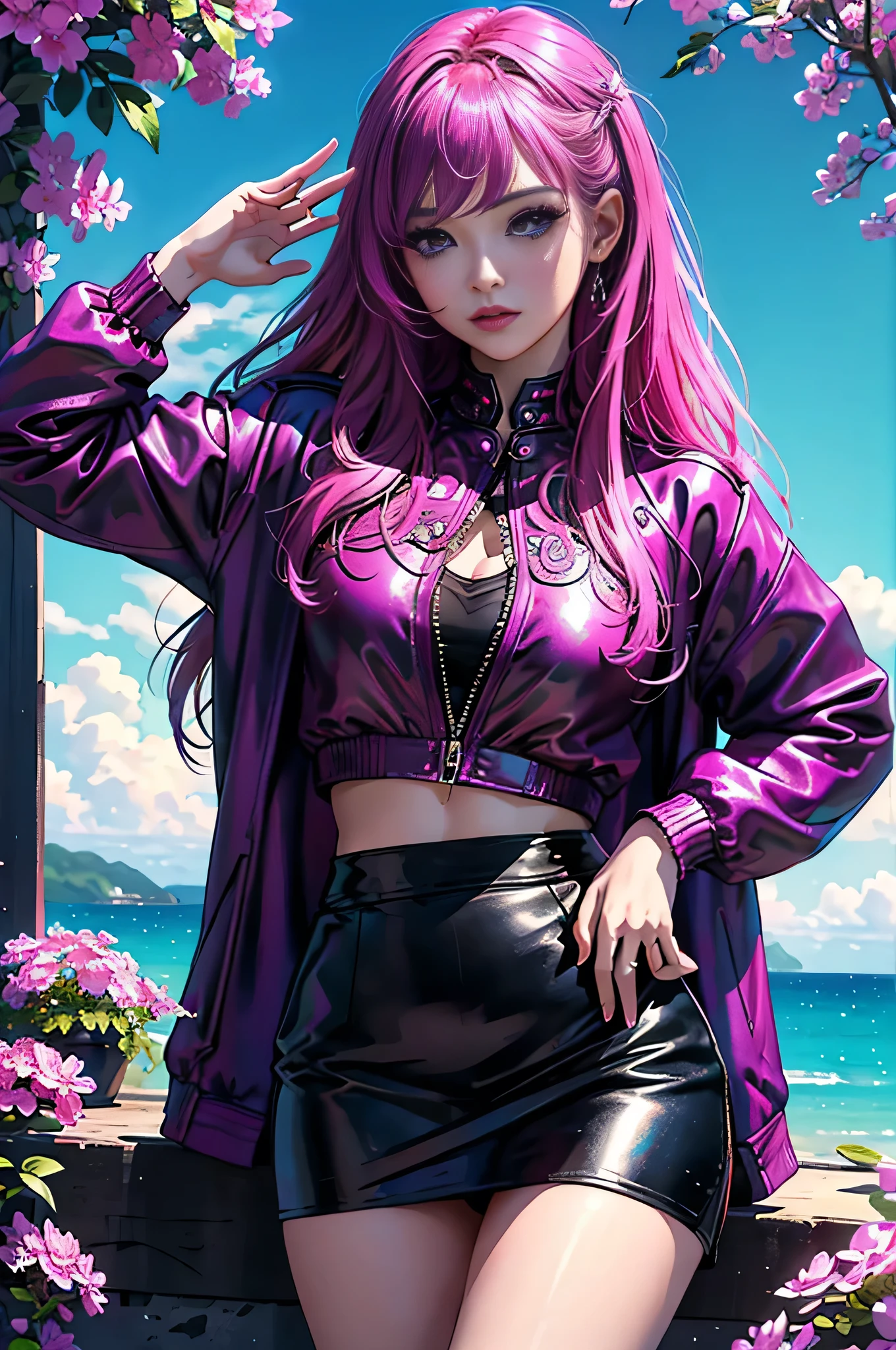 magenta tint、Bright colors、((masterpiece)))、(((top quality)))、((Super detailed))、(surreal)、(Very detailed CG illustrations)、official art、CD cover、This will be、midsummer、fashionable、The glorious 1980s、cruel beauty、cochetti gorgeous、gorgeous、Colorful hair、rock music、leather jacket、miniskirt、women only、perfect angle、Perfect composition、