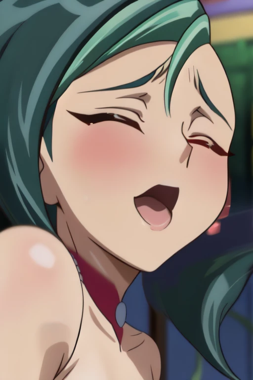 Anime Screenshot, chubby, milf, shy, pudgy face, dark green hair, ponytail, sticking tongue out of mouth, sweating, nervous smile, open mouth, steaming breath, My Hero Academia style, Inko Midoriya from my Hero Academia, huge tongue, naked, laying on a bed, salivating tongue, close up of mouth, perfect teeth, mouth full of saliva