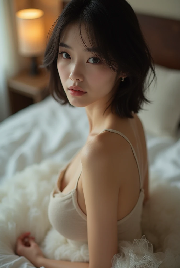 (Best Quality, 8k, 32K, masterpiece, ultra high definition: 1.3), (K-POP idol: 1.3), 1 ultra realistic Asian girl, (giant breasts: 3.5), (short hair), Perfect shape, Ultra Fine Face, delicate lips, Cow pajamas bed with short bikini and double eyelids Beautiful Eyes (sultry, sexy) ((woken up: 1.5))