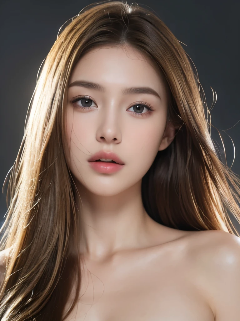 "A stunning girl, with golden blonde hair and captivating eyes, poses in a solo portrait, bare-shouldered and gazing at the viewer. The photograph, a masterpiece in high definition, highlights every facial feature and curve with unparalleled detail. She exudes elegance and beauty, making it a high-quality, captivating image."