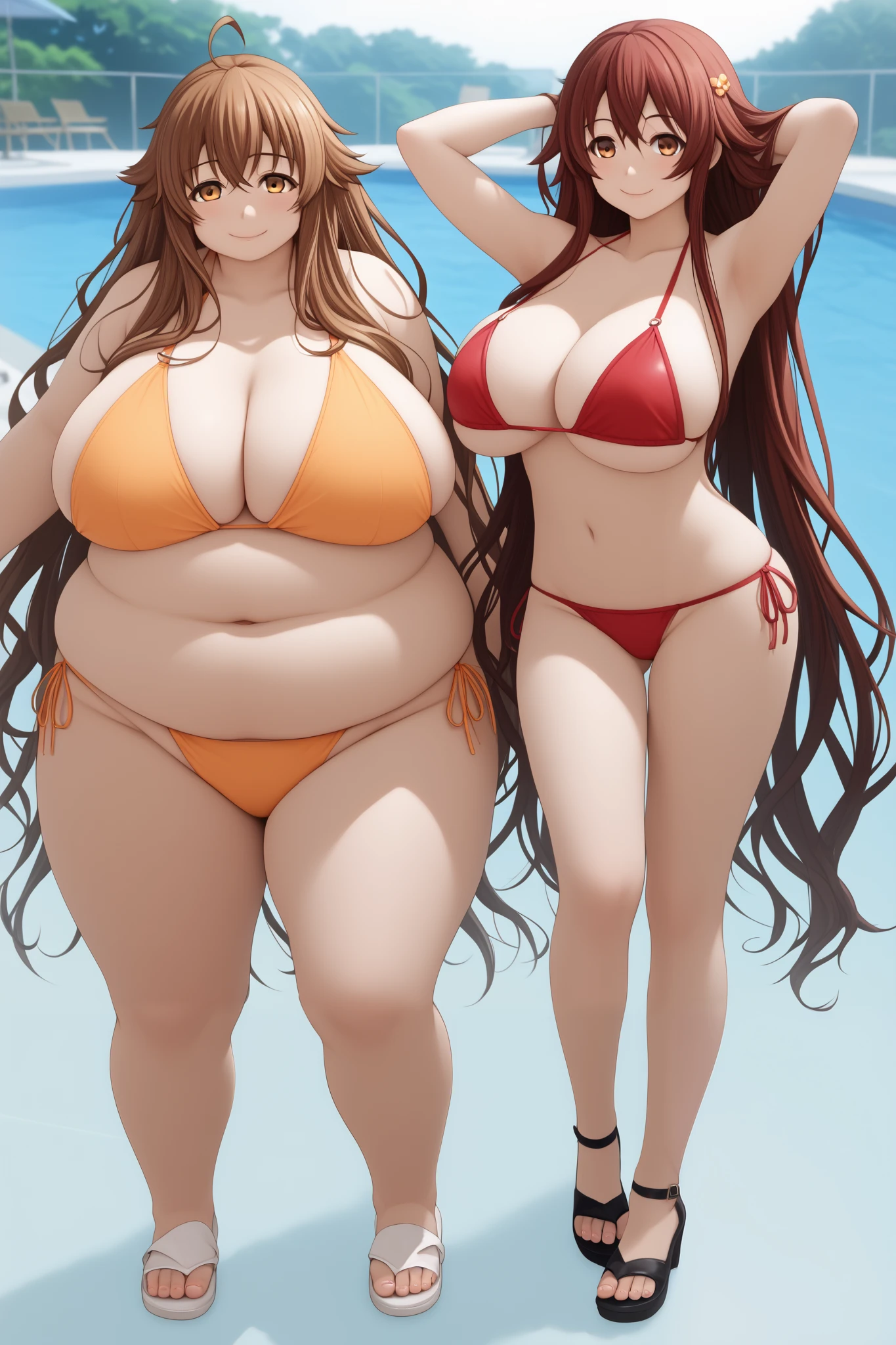 anime girl in a bikini standing on a beach next to a wooden structure, on the beach, on a beach, on the beach, realistic bikini, on a sunny beach, oppai proportions, thicc, seductive anime girl, seductive beautiful anime woman, standing on the beach, standing near the beach, on a beach, on a tropical beach, Oppai, woman with black skin, muscular female, tomboy woman, sea, splash, big breasts, beauty, odd eyes, dark skin, sweat, short hair, thighs.