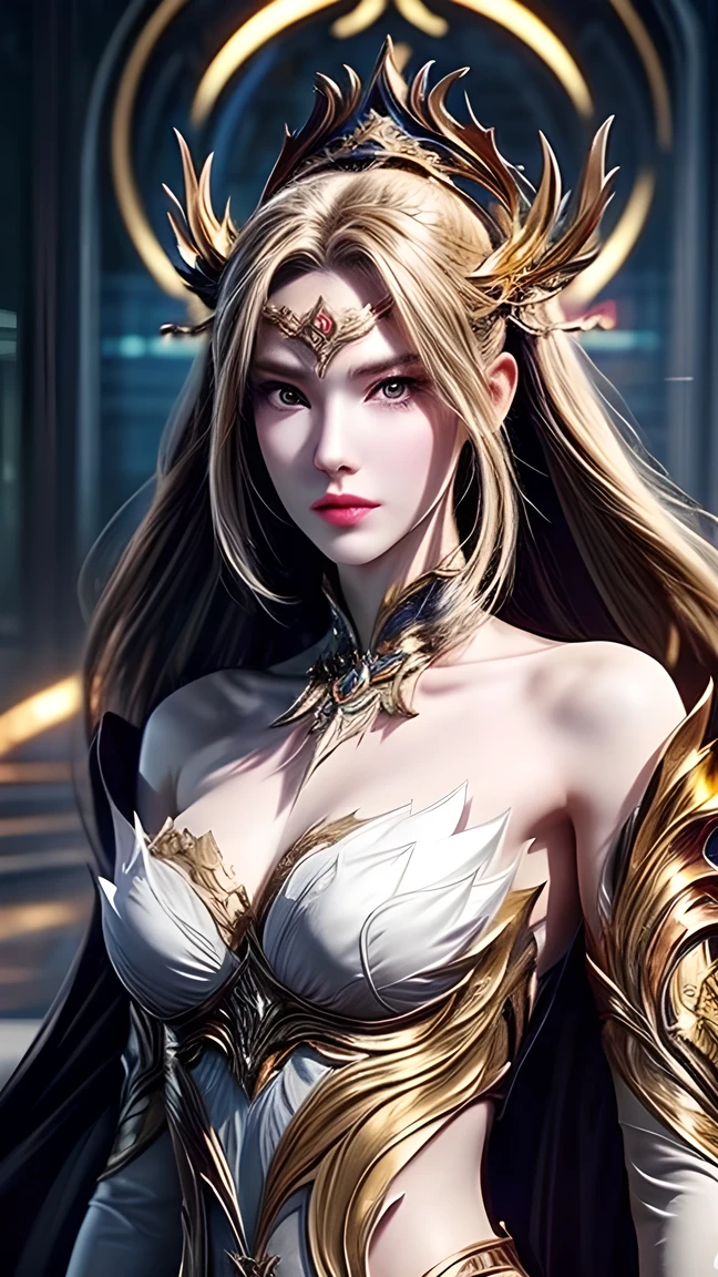 Official Art, Unity 8k wallpaper, ultra detail, masterpiece, best quality, one woman, (very detailed),(RAW photo, best quality),(realistic, photorealistic:1.3),high definition, opening your mouth lightly, ultra-detailed complex 3D rendering of face, (big breasts: 8.8), (highly detailed skin: 1.2), (exposure: 1.1), beautiful caucasian woman with big ass full soft breasts and white skin, (Topless), breasts,(beautiful gray hair))), yellow eyes, long hair, ( (blue micro bikini with silk)), dynamic angle, mystical expression, fire glow effect, fantasy background, rim lighting, side light, cinematic light, ultra high definition, 8k , film grain,best shadow, light particles, detailed skin texture, detailed face, golden eyebrows, ultra detail, watch viewer,(( Strong armor of gold shining with details)), cleavage, slender abs, having shining weapons, holding a beautiful shield, Paul Dron, (((detailed and ornate crown)), glowing eyes, long purple cloak, fantasy, (realistic),