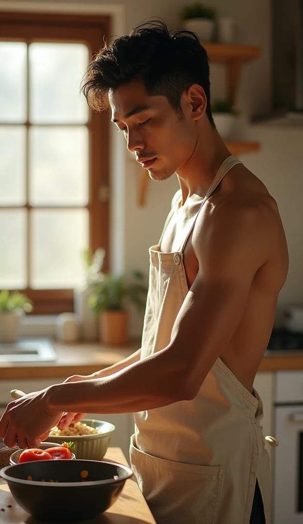 photorealistic, best quality, masterpiece, extremely detailed, very sexy, very homoerotic, side view, extremely handsome, 30 year old muscular filipino man, (muscular bodybuilder), (smiling), wearing only apron, gstring jockstrap, buttering bread, in kitchen, looking at camera, extremely romantic atmosphere, perfect face, perfect fingers, perfect hands, perfection