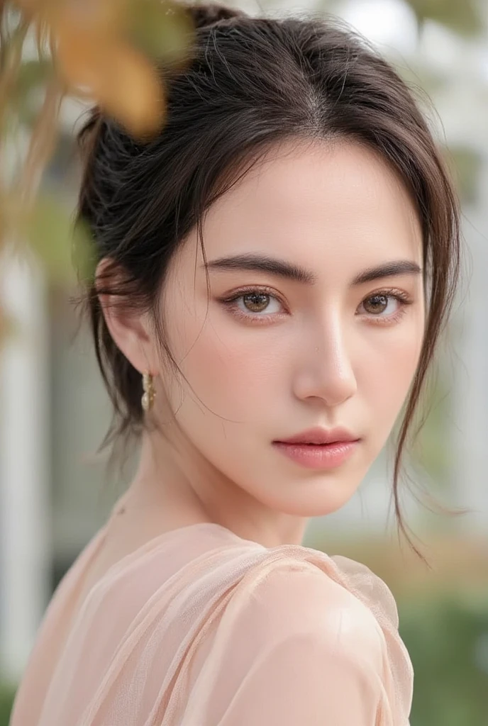 Photorealistic portrait of a breathtakingly beautiful woman in a sheer pink dress, elegantly wet, subtle outlines enhancing her silhouette, fresh deer-like eyes sparkling with life, ultra-high detailed facial features showcasing soft skin and radiant beauty, ponytail hair cascading gracefully, surrounded by a dreamy ambiance, 16K resolution, RAW, UHD, natural soft lighting creating a luminous glow.