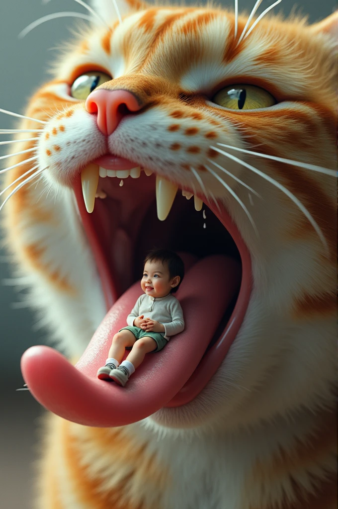 A cat furry with a kid sitting on his tongue