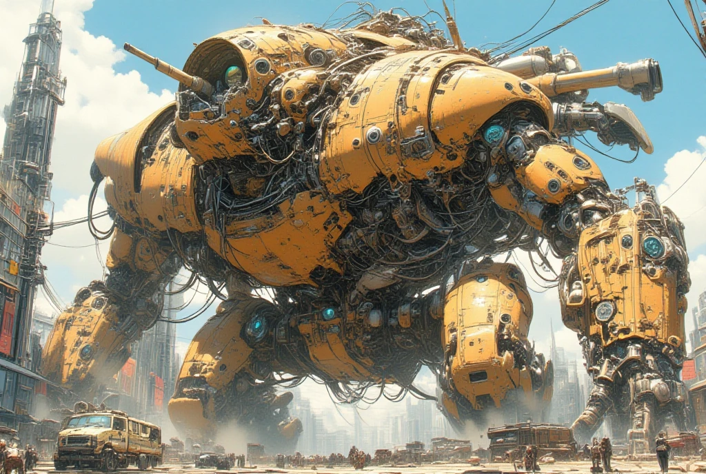 ((masterpiece:1.2)), (( best quality:1.2)), giant robot , tan paint , peeling paint , weathering, Mr.々Heavily equipped with such weapons, cannons on their backs , A small gun is mounted on the side, Detailed and complex designs, A large number of mechanical parts are incorporated, Gear, and armor plate circuit technology, diesel steam cyberpunk style , Oil painting, near future city