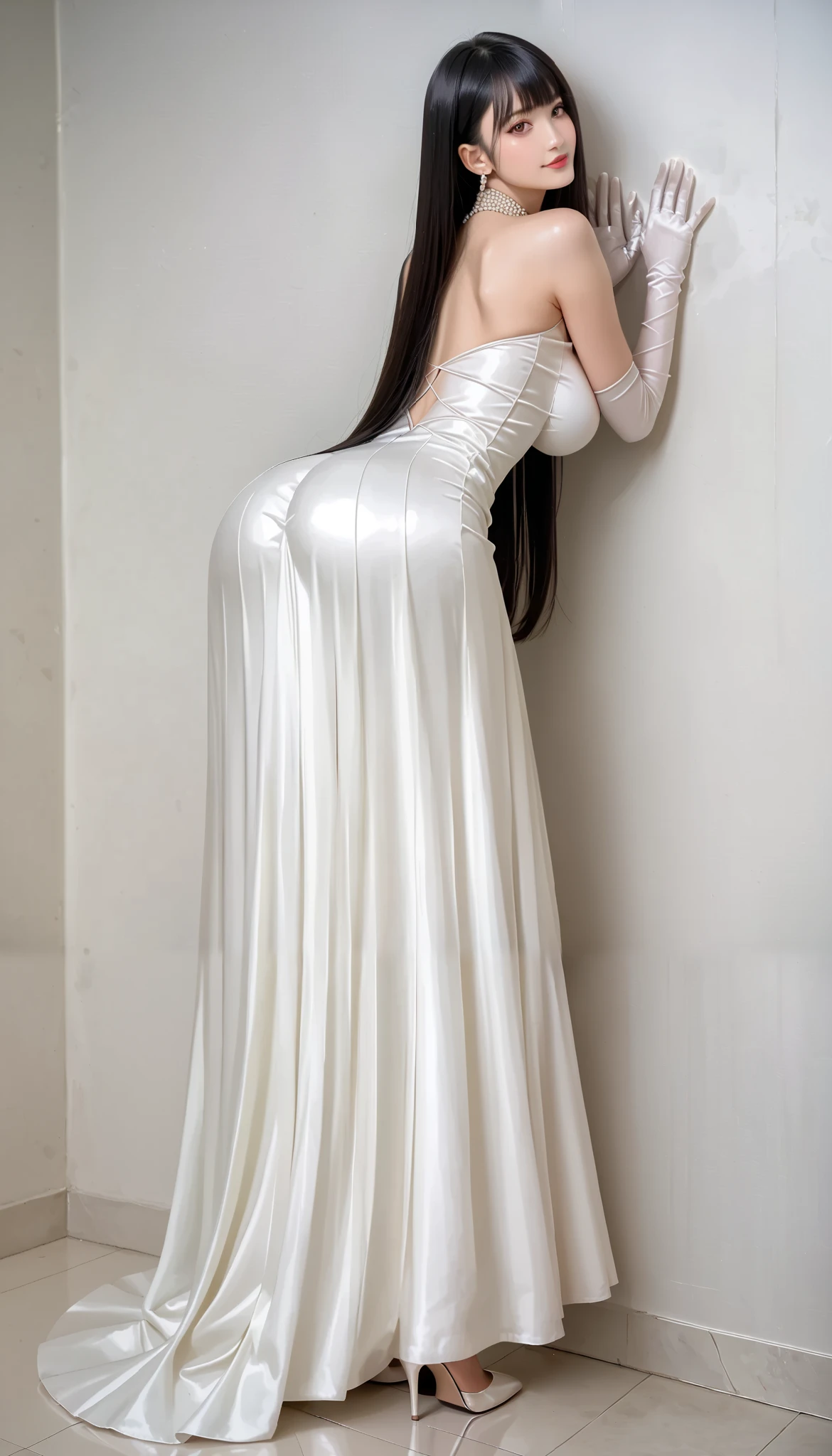(masterpiece, best quality, ultra-detailed, ultra-HD, photorealistic, cinematic), araffe woman in a sheer white dress posing for a picture, sexy gown, translucent dress, translucent body, fantasy long intricate gown, tall thin beautiful goddess, dressed beautiful gown, wearing long train gown, full body in view, transparent gray dress, attractive feminine curves, clear curvy details, elegant sleek smooth body, smooth translucent white skin, (black long hair:1.2), very long tail dress, full body mermaid style dress