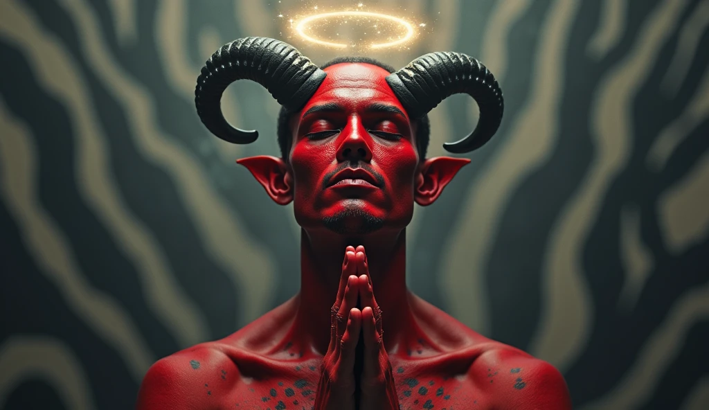 Hyper Focus Portrait, A demon (masculine) red skin with black spots (curved horns) eyes closed and hands joined in prayer, discret smile, a halo over the head, dark background with a grayish haze, ultra realisitic, Hyper-Realism, Ultra image definition.