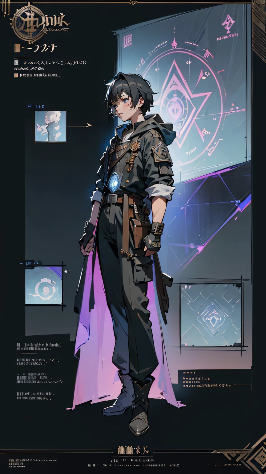 “A confident young male adventurer with fair skin, short jet-black hair with a slight blue sheen, and piercing gray eyes. He has a lean, muscular build, standing at 5 ft 9 in (175 cm) tall, dressed in tactical and practical clothing suitable for labyrinth exploration. His outfit features a fitted dark-gray jacket with glowing blue runes etched along the edges, a hood resting loosely on his shoulders, and reinforced black tactical pants. He wears sturdy, dust-worn boots, and his utility belt carries glowing crystals, scrolls, and a small compass-like device. His gloves are fingerless, revealing calloused hands from years of exploration. Standing in a full-body front pose, his expression is determined and focused.
The back view shows the hood raised and a small dimensional gadget clipped to his belt. A holographic labyrinth map hovers faintly in the background, creating an aura of mystery and adventure. The character sheet includes front, back, and side views, with highly detailed textures and accessories. 4K quality, anime-style, full-body character design sheet with an emphasis on fine details and tactical aesthetics.”